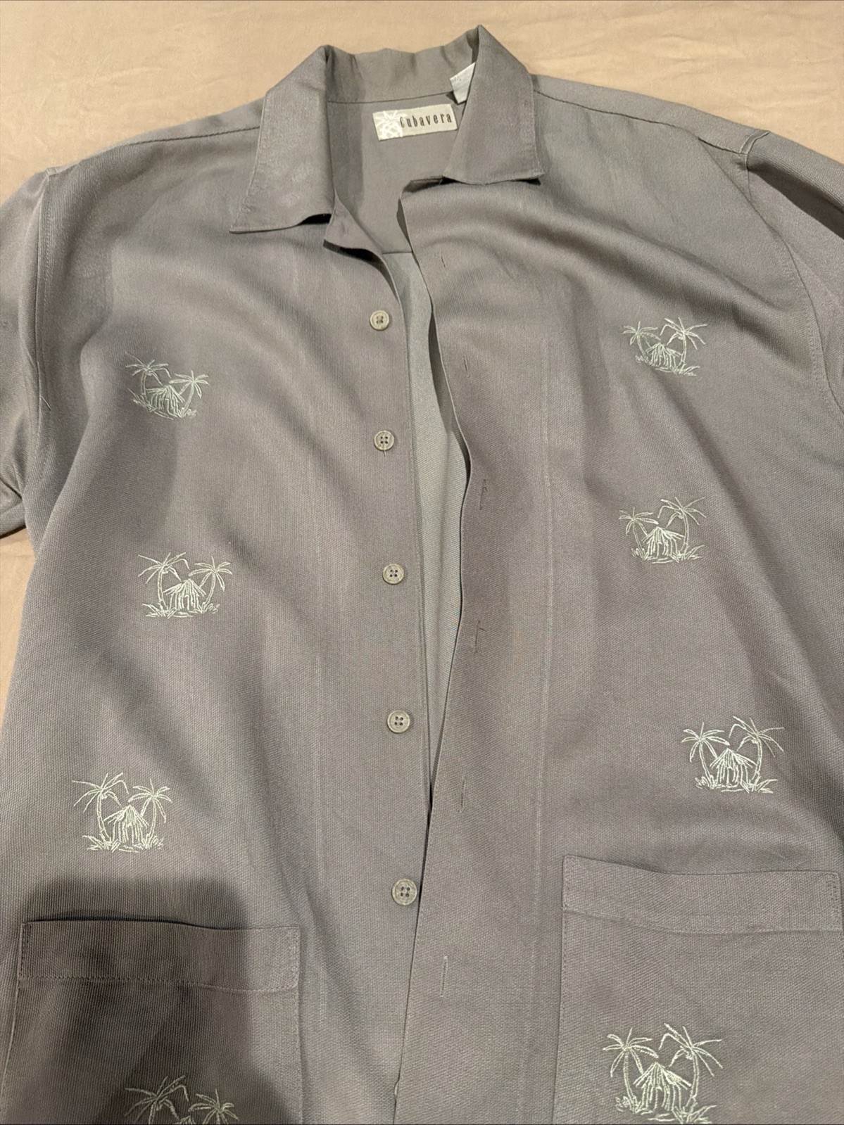 Cubavera Camp Shirt~Sage Green~Embroidery Palms~Men sz S~Linen Blend~Pockets~New
