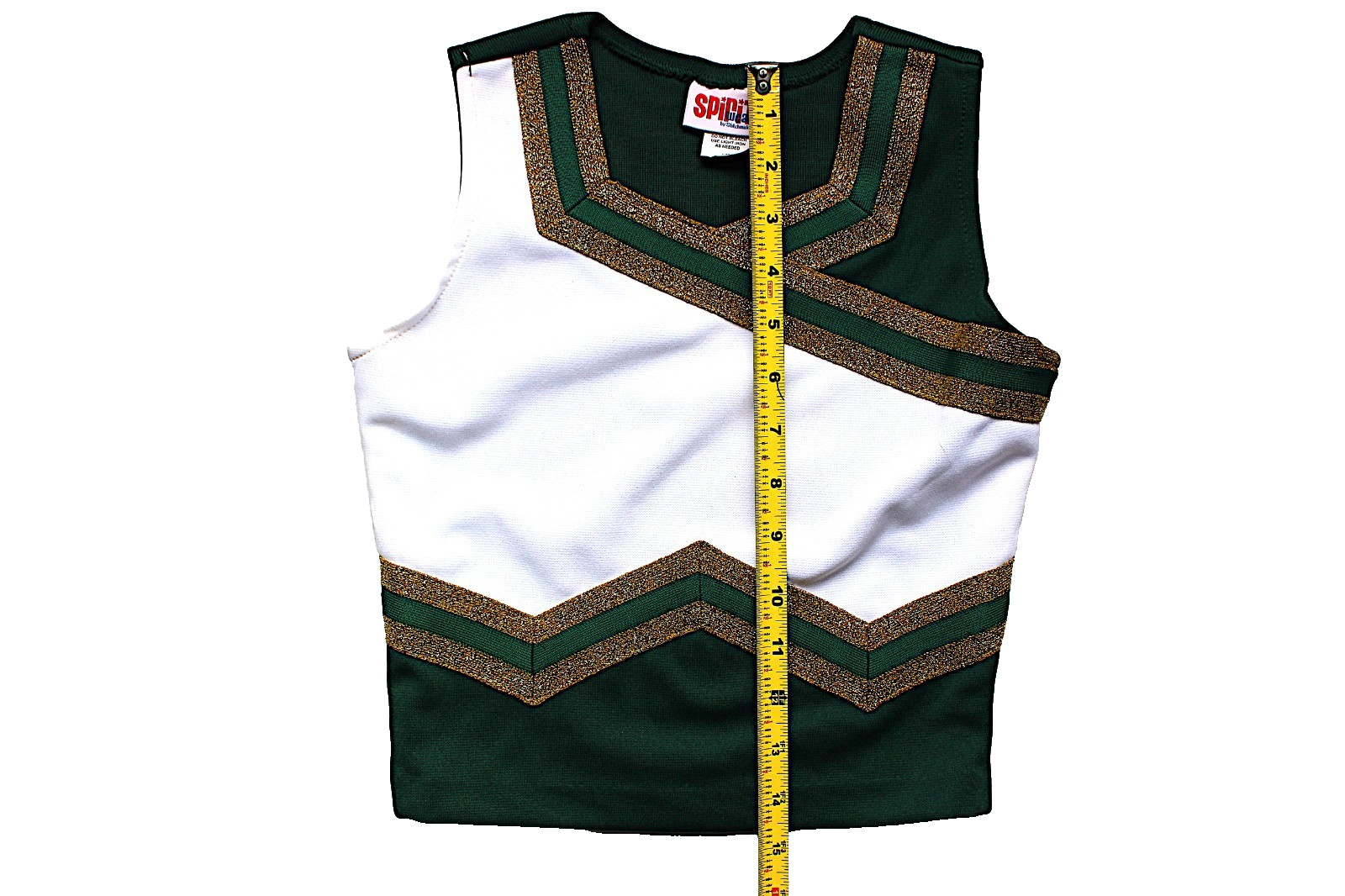 Spirit Cheerleading Top YOUTH MEDIUM Green & White with Gold Sparkling Trim New