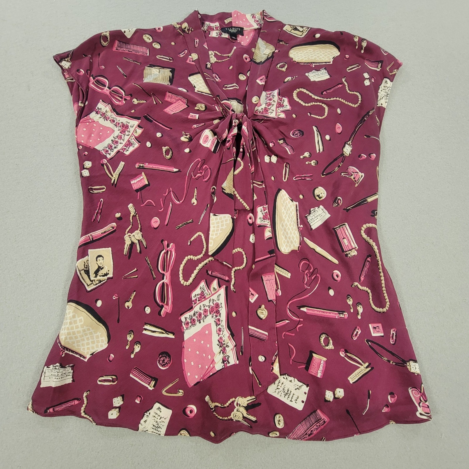 Talbots Silk Novelty Print Tie Neck Blouse Burgundy Pink Petite Top Women’s 12P