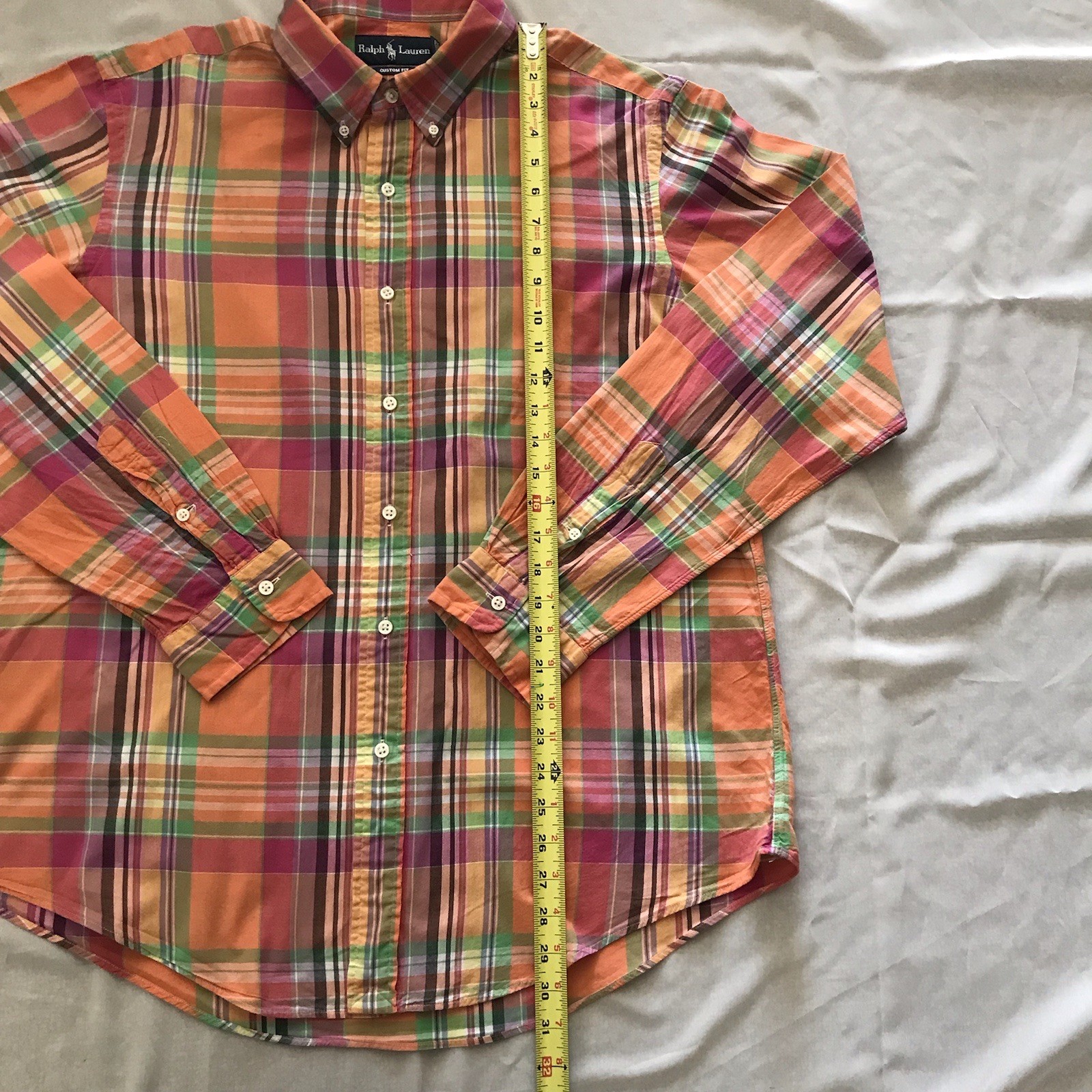Ralph Lauren Custom Fit Orange Plaid Preppy Long Sleeve Cotton Shirt Mens XL