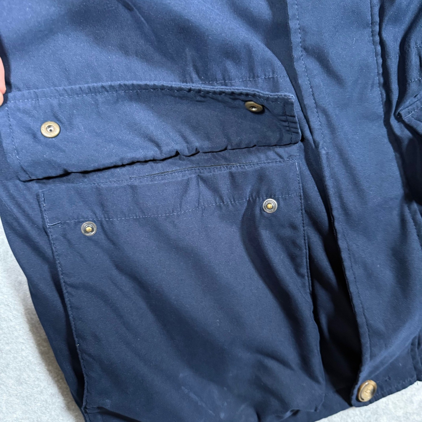 Eddie Bauer Mens Navy Blue Quilted Lined Chore Jacket Leather Collar Medium Y2k
