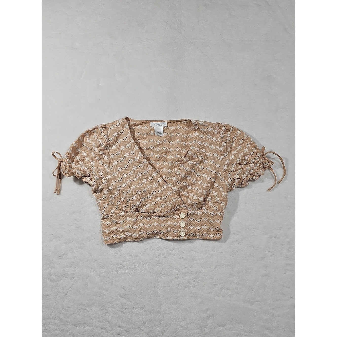 Button-Front Beige Eyelet Crop Top with Tie Sleeves