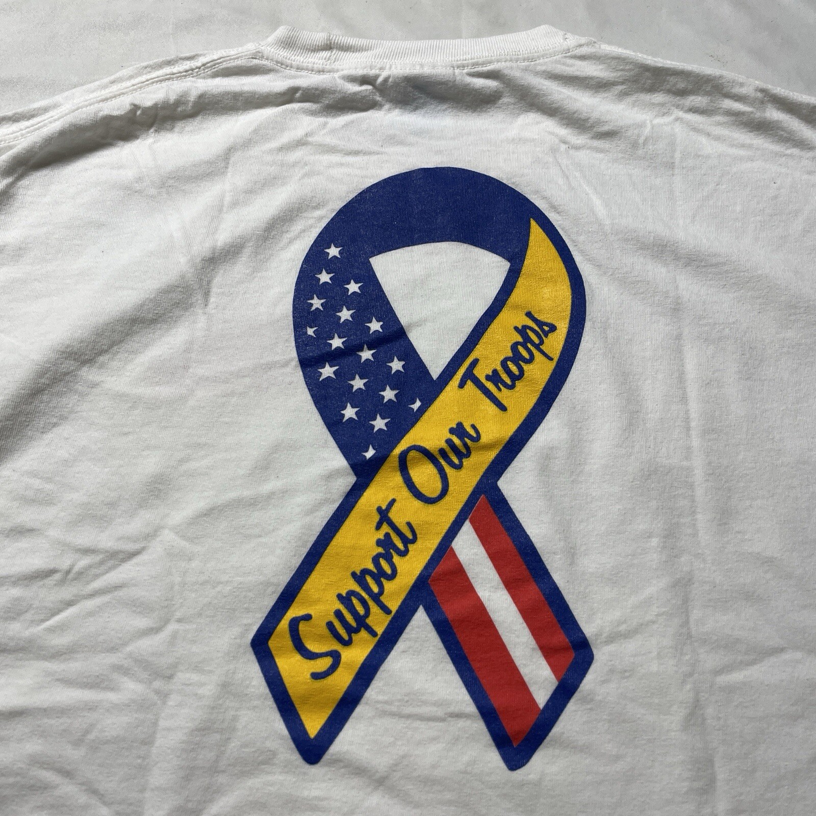 Vintage Support Our Troops T-Shirt Men’s XL White USA Military American Flag Art