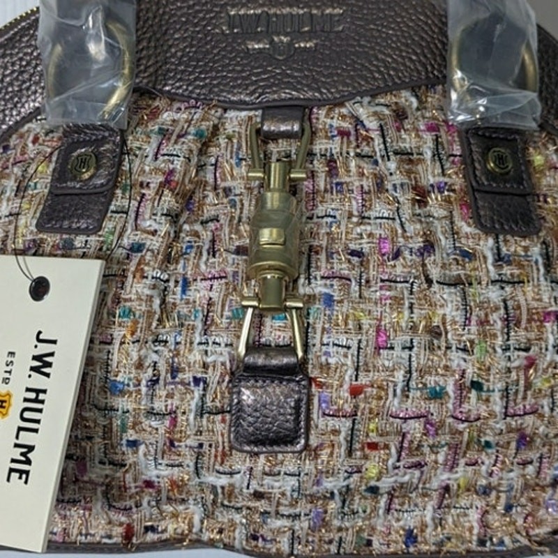 JW Hulme Maureen Satchel Bag Tweed & Leather Dome Top Handle Pewter Accents NWT