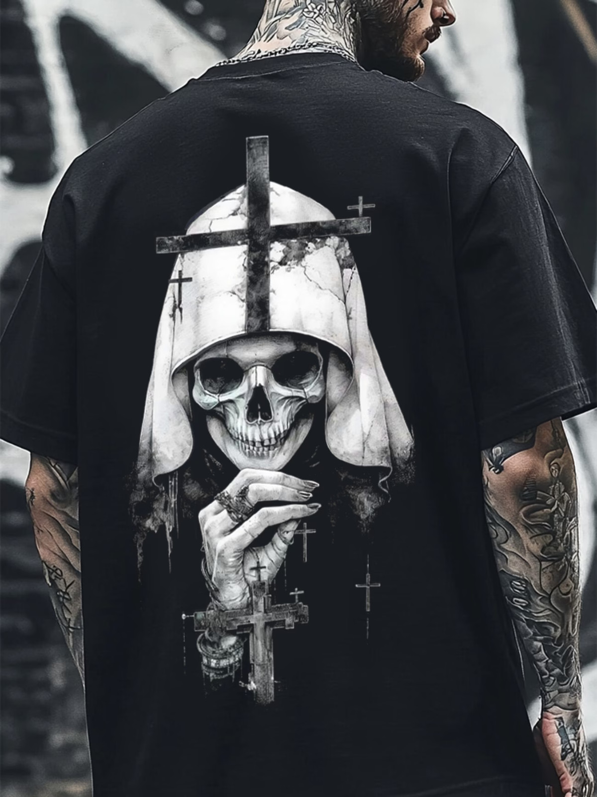 Gothic Skull Adorned with Crosses And Religious Graphic Black Print T-shirt