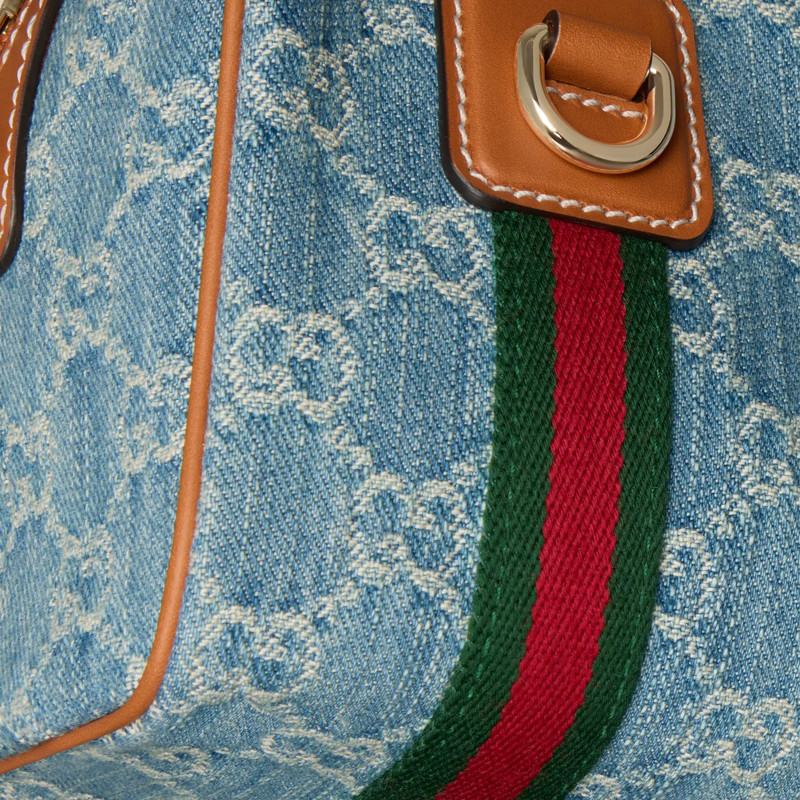 GUCCI Denim Boston Bag Handbag Mini Unisex Blue White 7.9 x 5.1 x 5.1 in