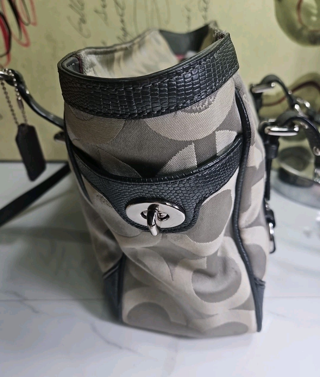 Coach #19404M Gallery Op Art Signature Sateen Tote Gray Shoulderbag 13×8.5×4.5