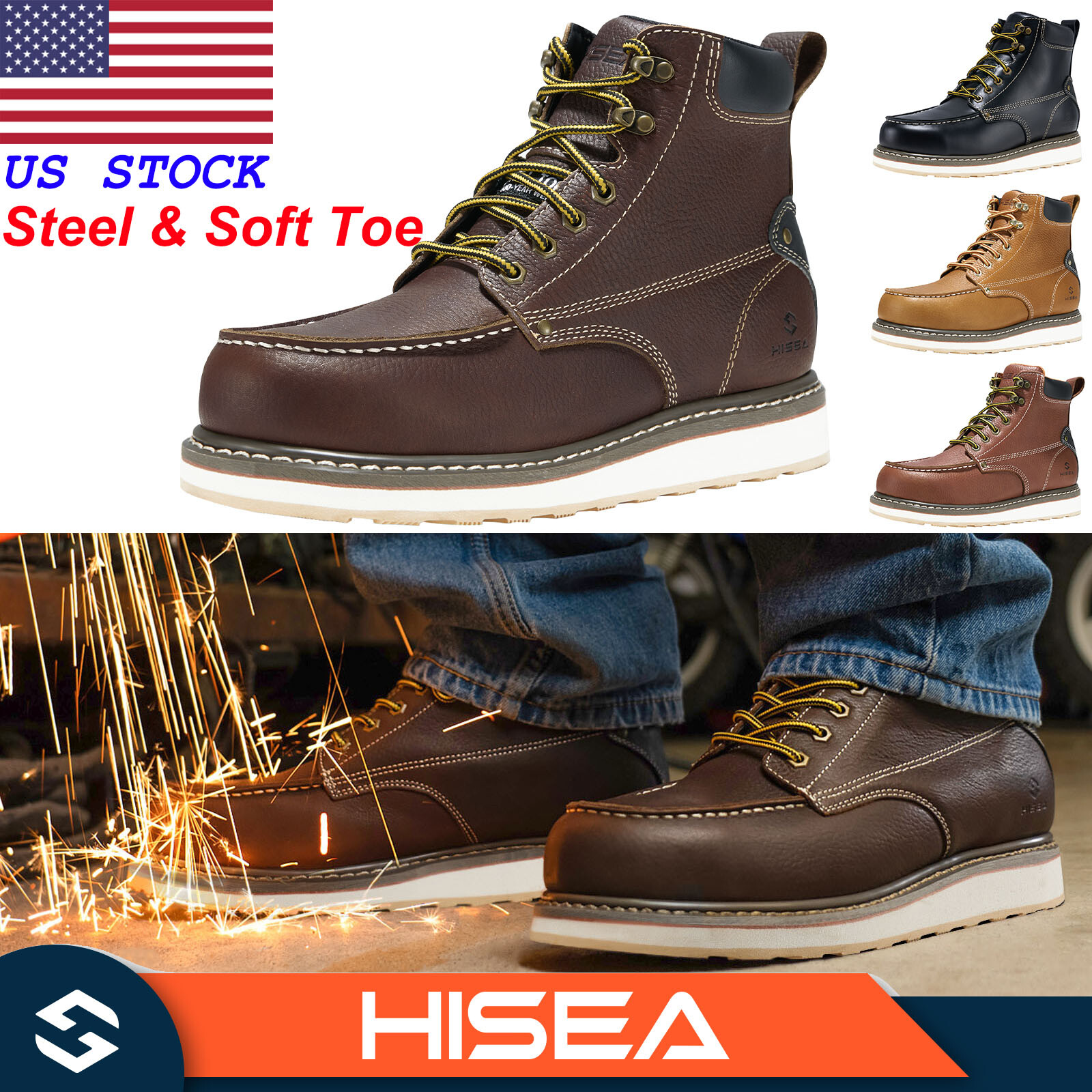 HISEA Men’s Moc Toe Work Boots 6 Inch Steel Soft Toe Working Safety Boots Shoes