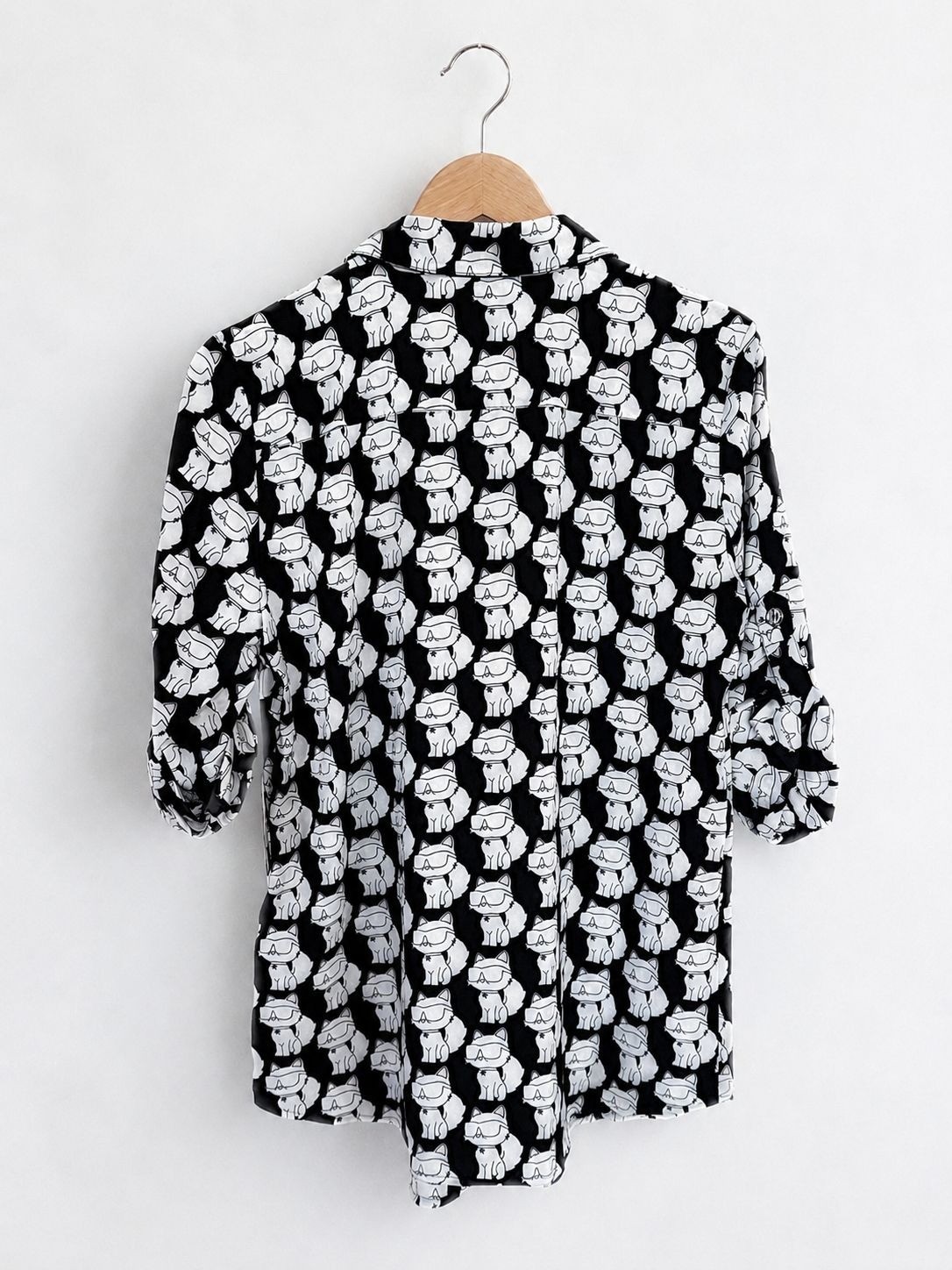 Karl Lagerfeld Paris Choupette Cat Print Button Front Blouse Shirt Black White S