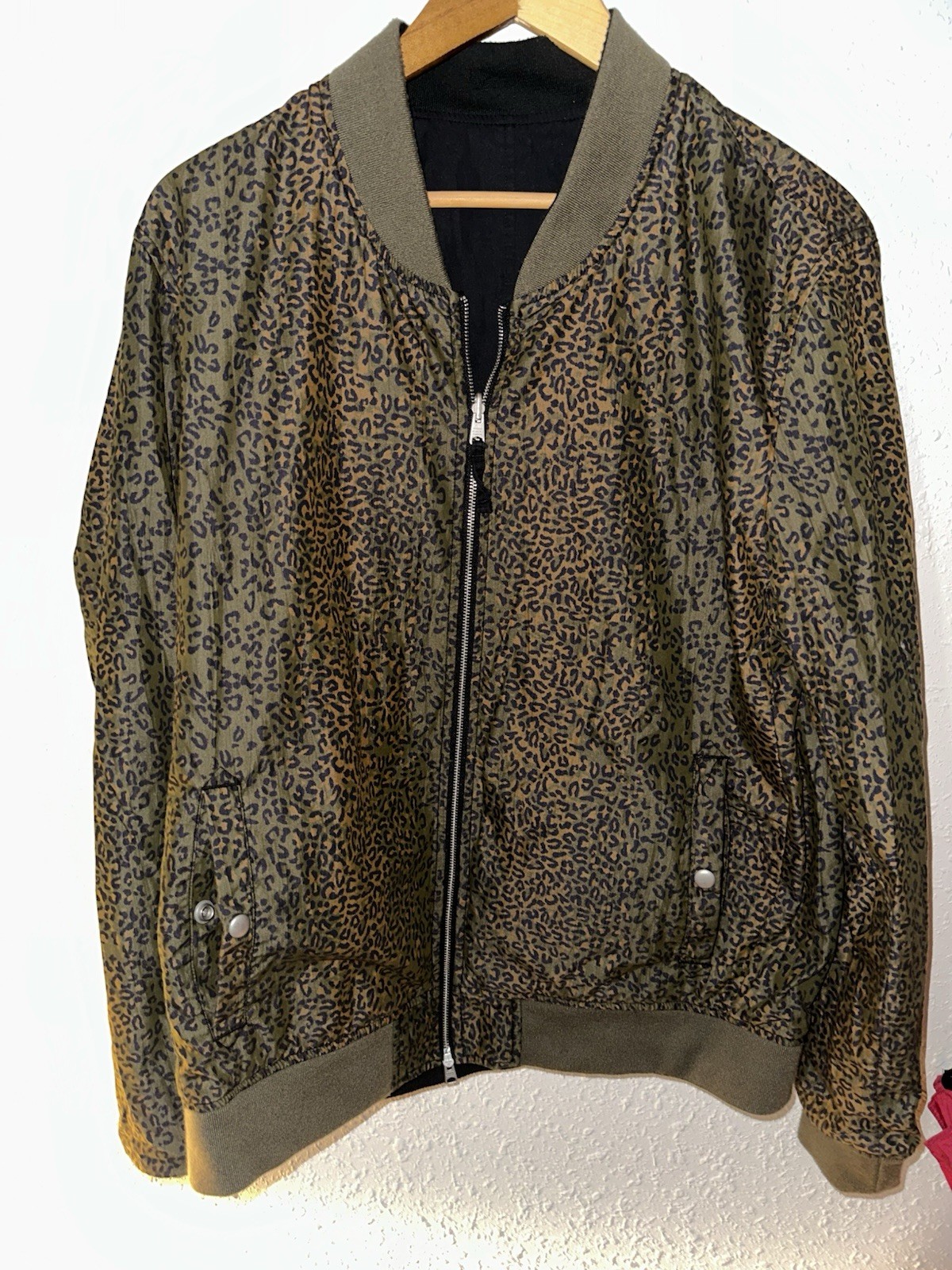 AllSaints Bassett Reversible Bomber Jacket Leopard Print Full Zip Pockets EUC