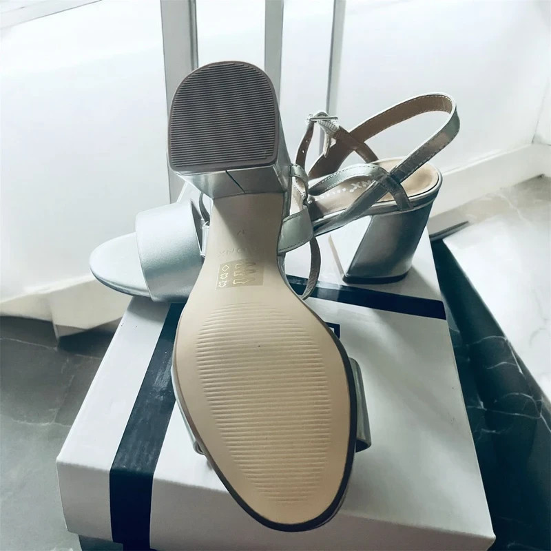 Silver metallic block heel sandals by Bronx (Size 37) with original box