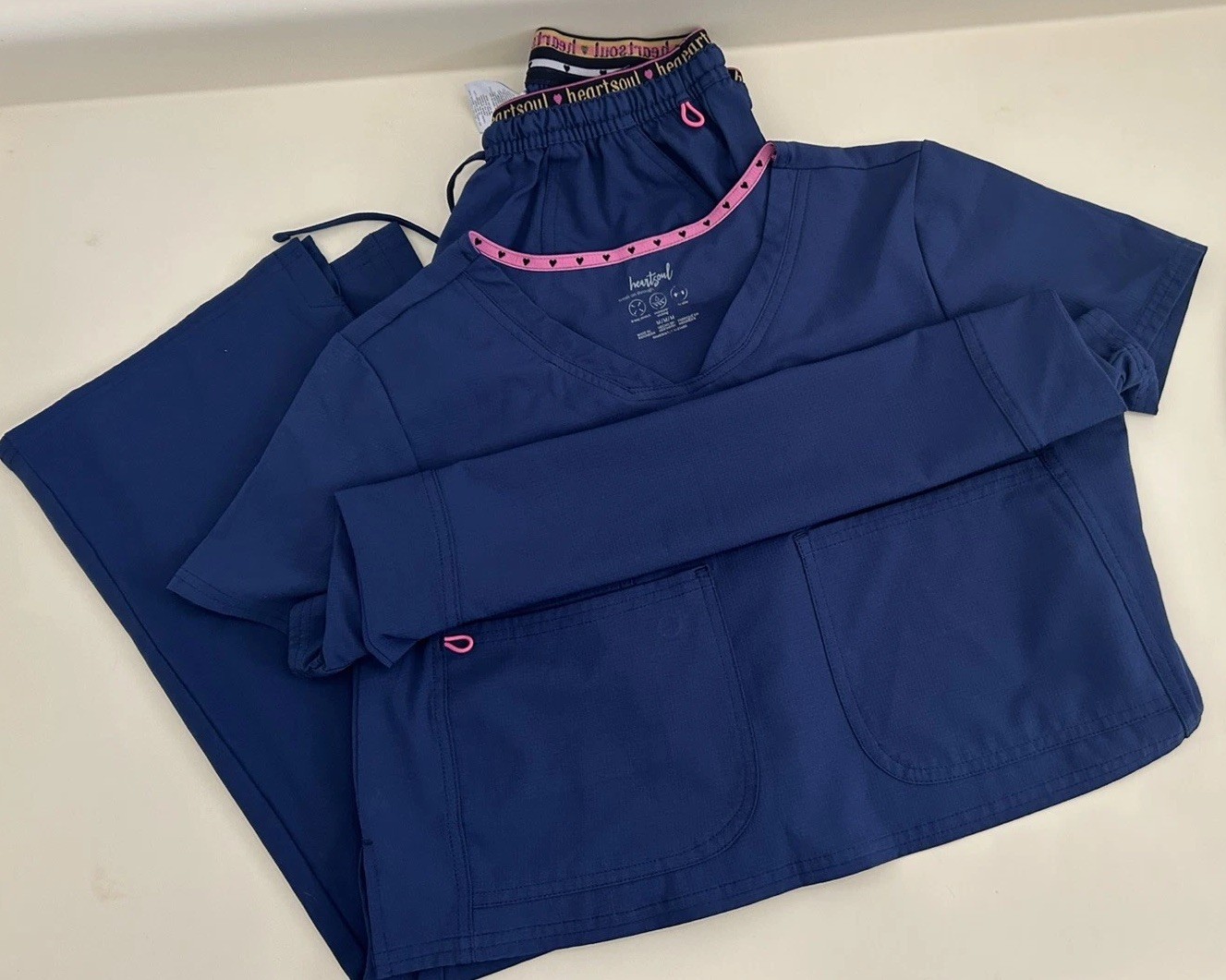 Heart And Soul Women’s Medium Medical Scrub Set Navy Blue Hot Pink Accents