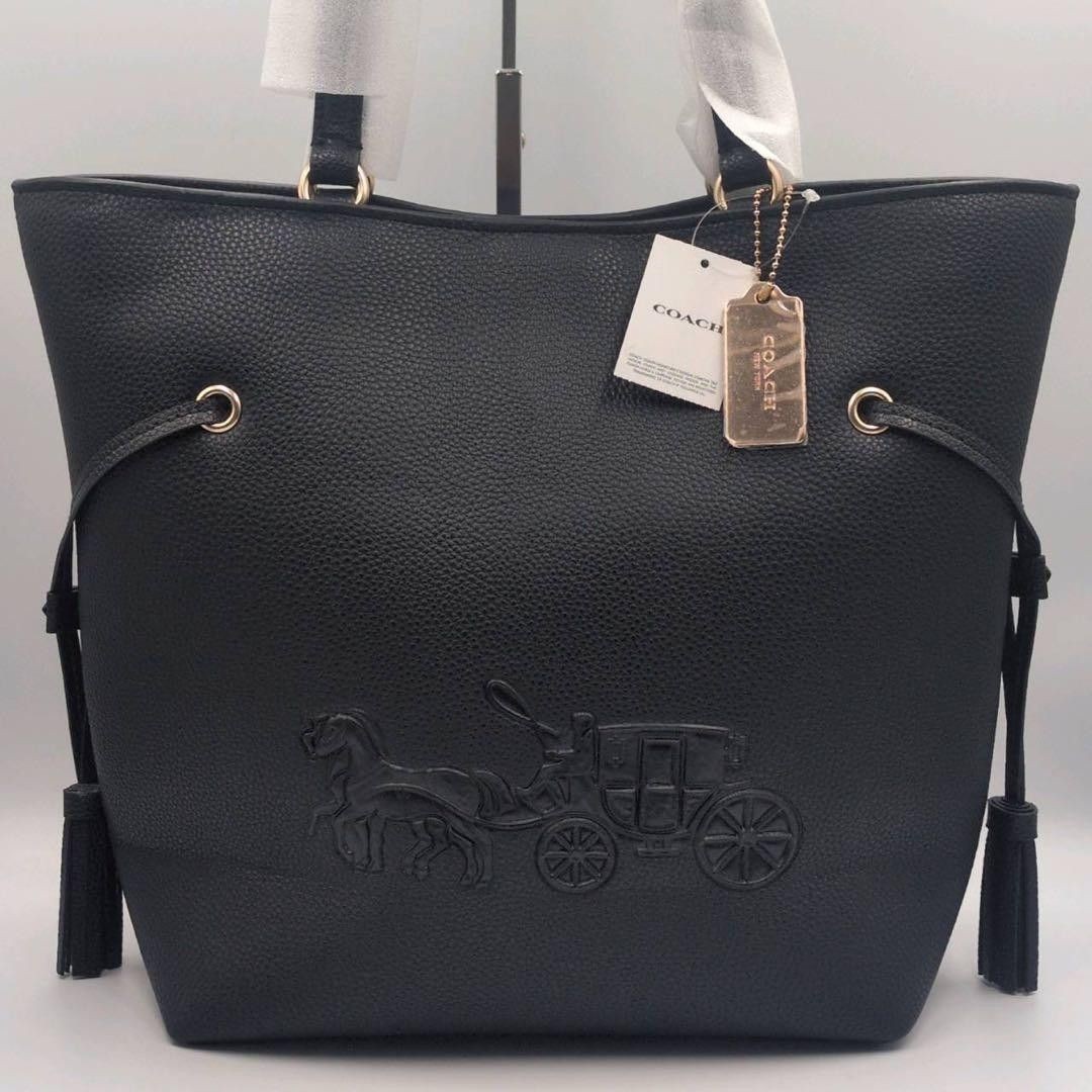 Coach Andy tote bag embossed carriage logo leather black shoulder bag fringe COA