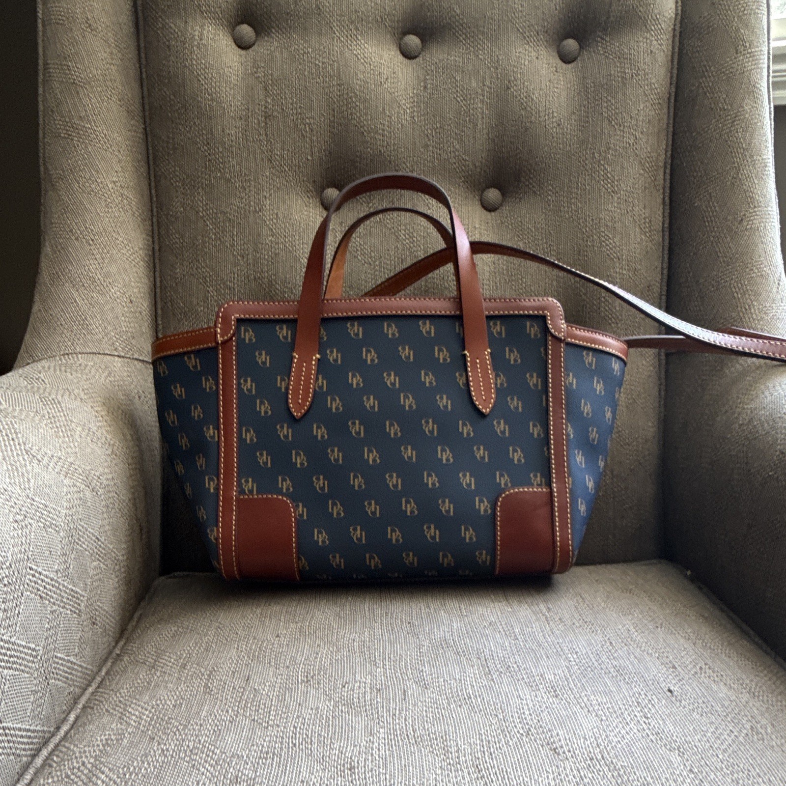 Dooney & Bourke Navy/Brown Monogram Zip Satchel, Strap, Gold Hardware, Pockets