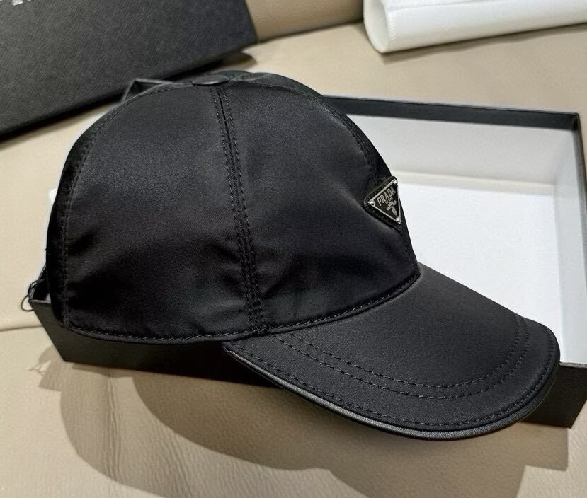 New Prada Triangle Logo Re-Nylon Black Baseball Cap Unisex Hat | Black