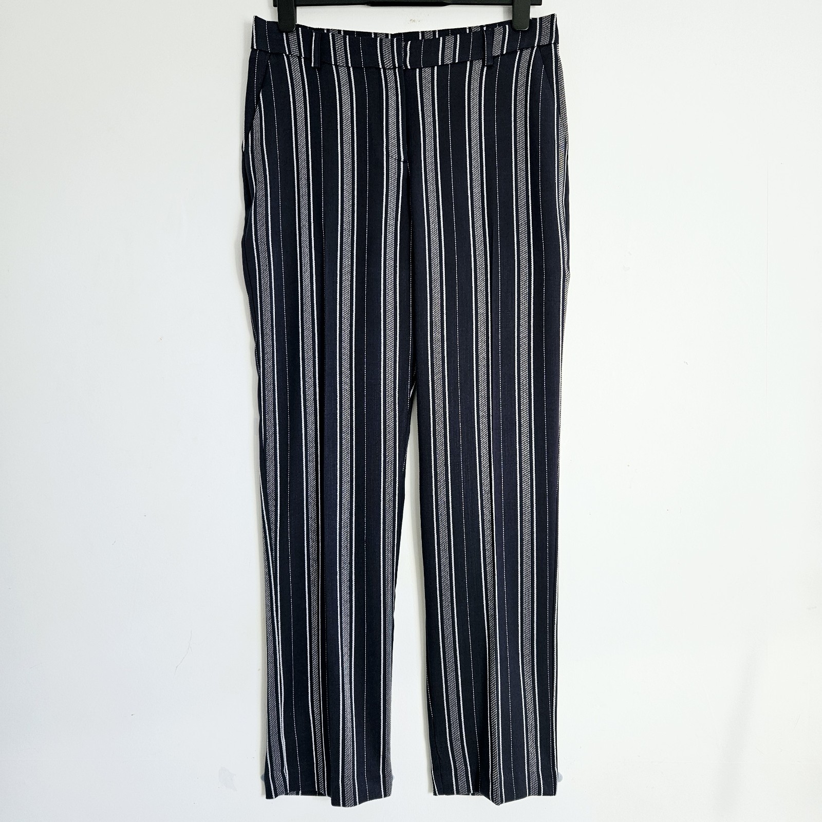 NEW Ex M&S 10-22 Dark Blue Navy White Striped Straight Leg High Waisted Trousers