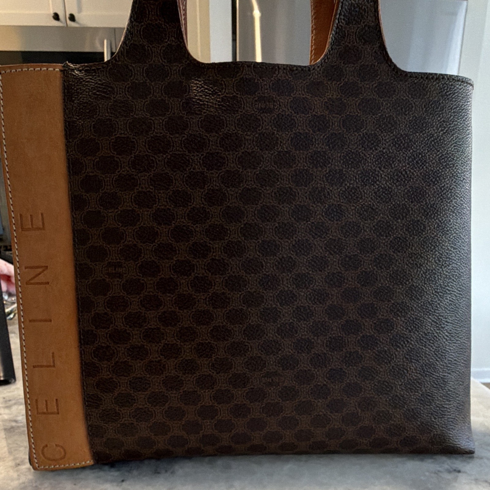 CELINE Brown Monogram Tote Bag Zip Closure Logo Stripe Inner Pockets Top Handle