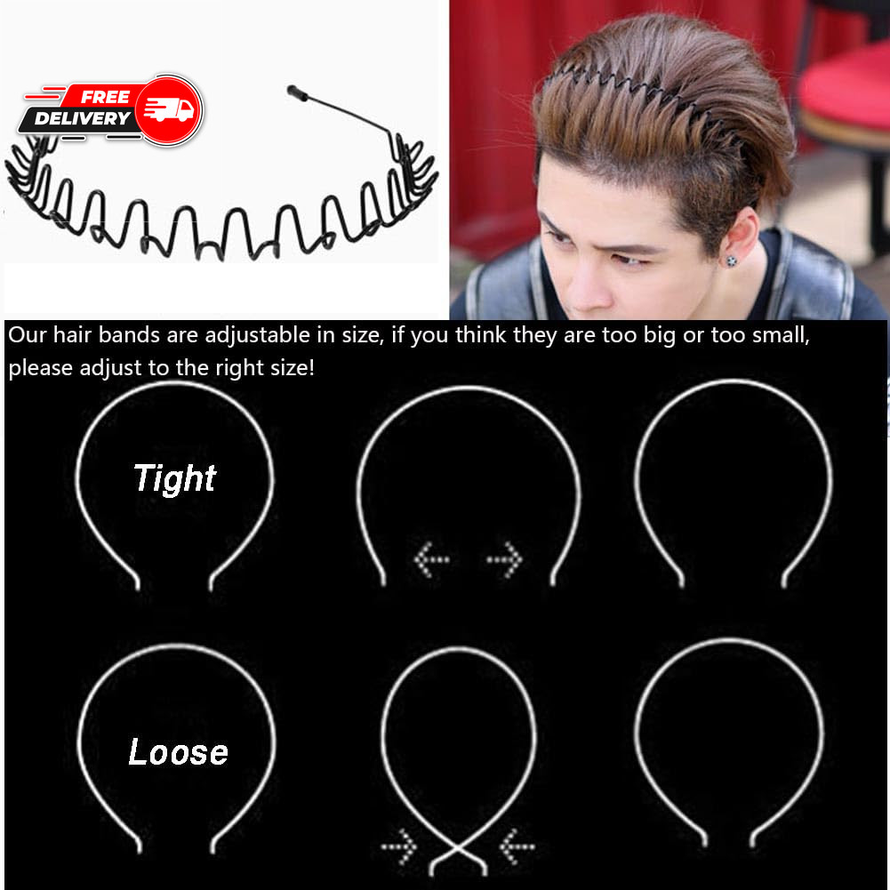Metal Headbands, 2 Pack Fashion Unisex Black Hairband Spring Wave Non Slip Sport