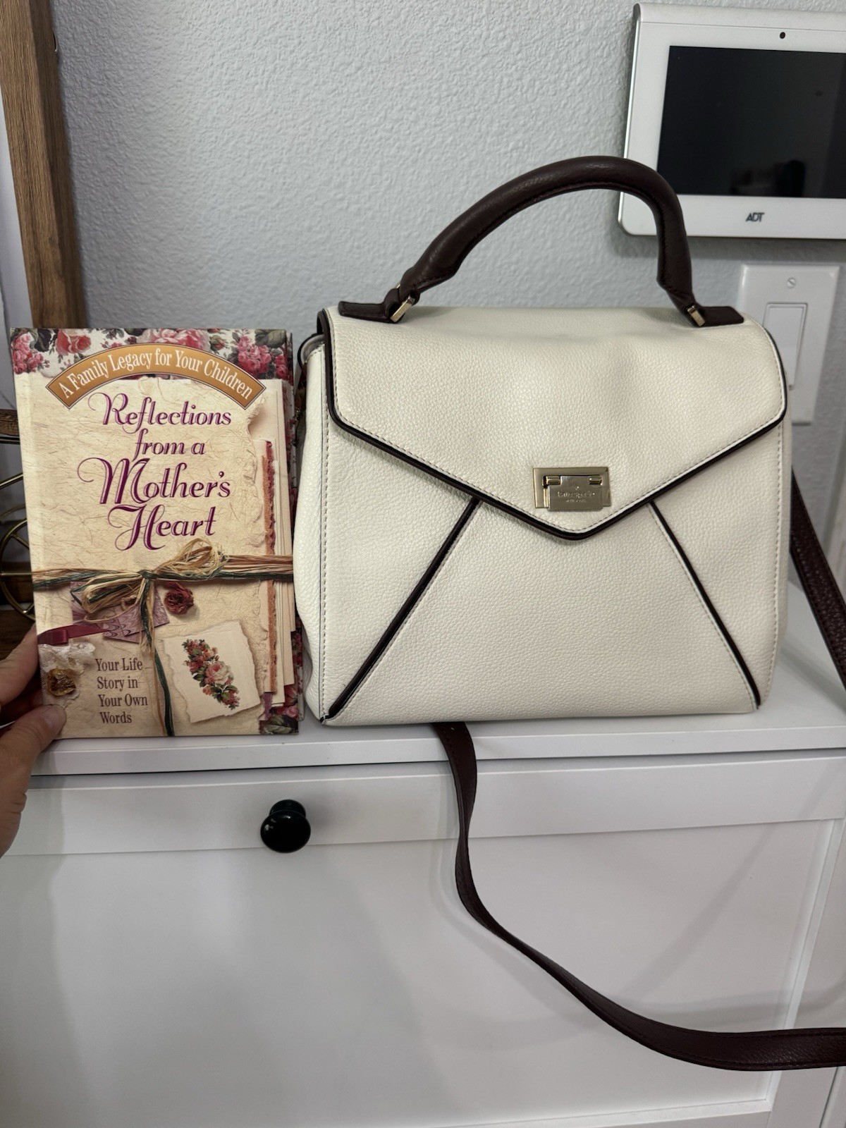 Kate Spade New York Ivory Brown Medium Satchel Top Handle Push Lock Det Strap