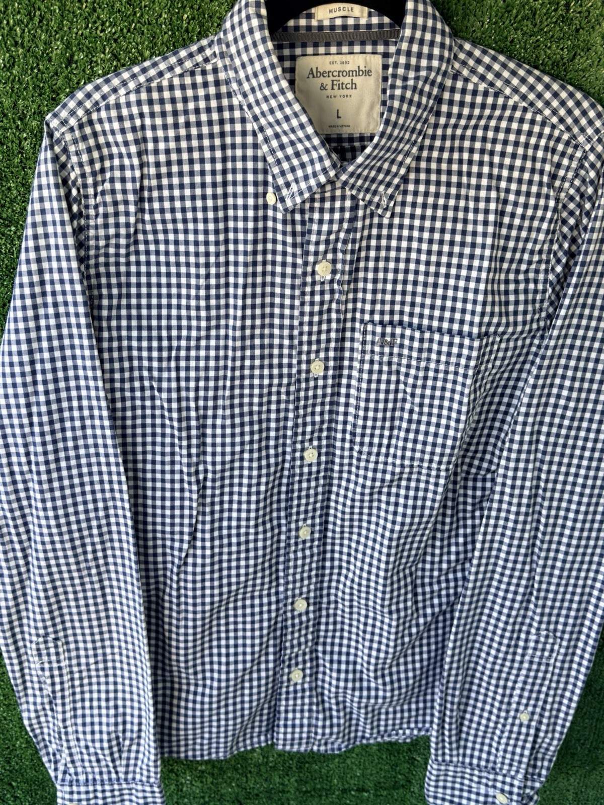 Abercrombie & Fitch Muscle Fit Gingham Shirt Men L Navy White Check Long Sleeve