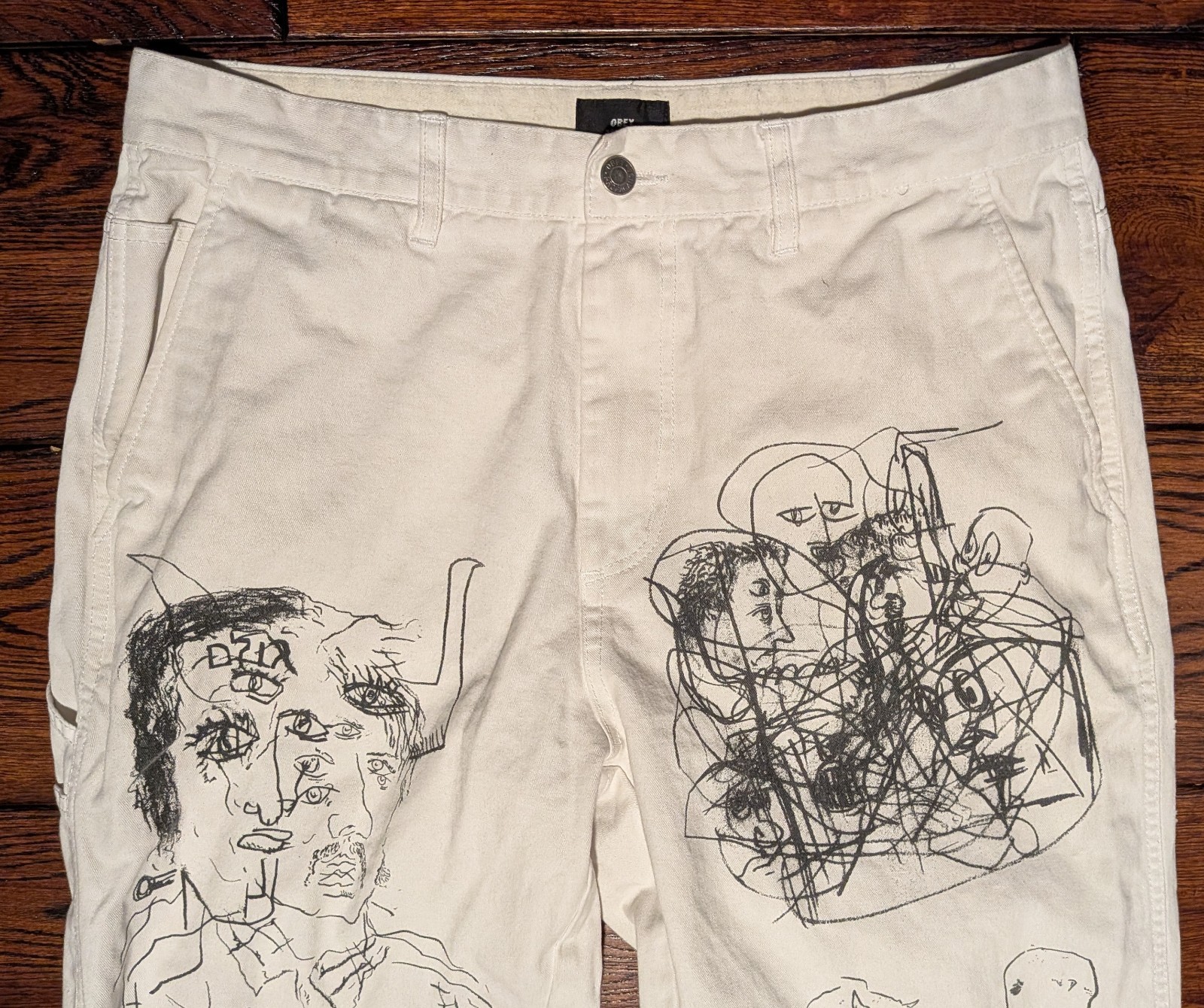 Obey Mens Hardwork Carpenter Bull Denim Pants w/ Graphic Print Size 32(17″)x27.5