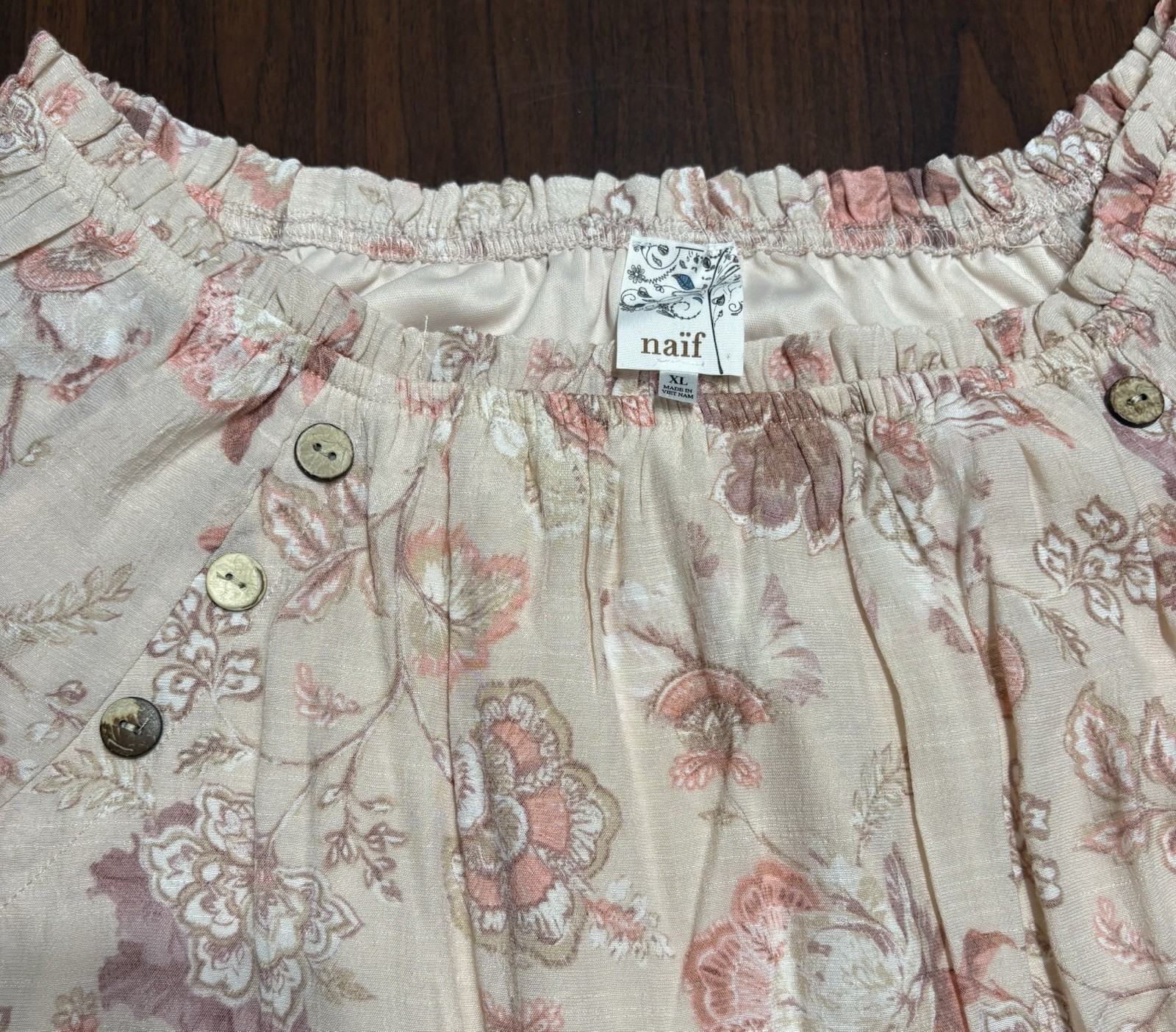 Naif Beige Pink Floral Off-Shoulder 3/4 Bell Sleeve Ruffle Blouse Womens XL