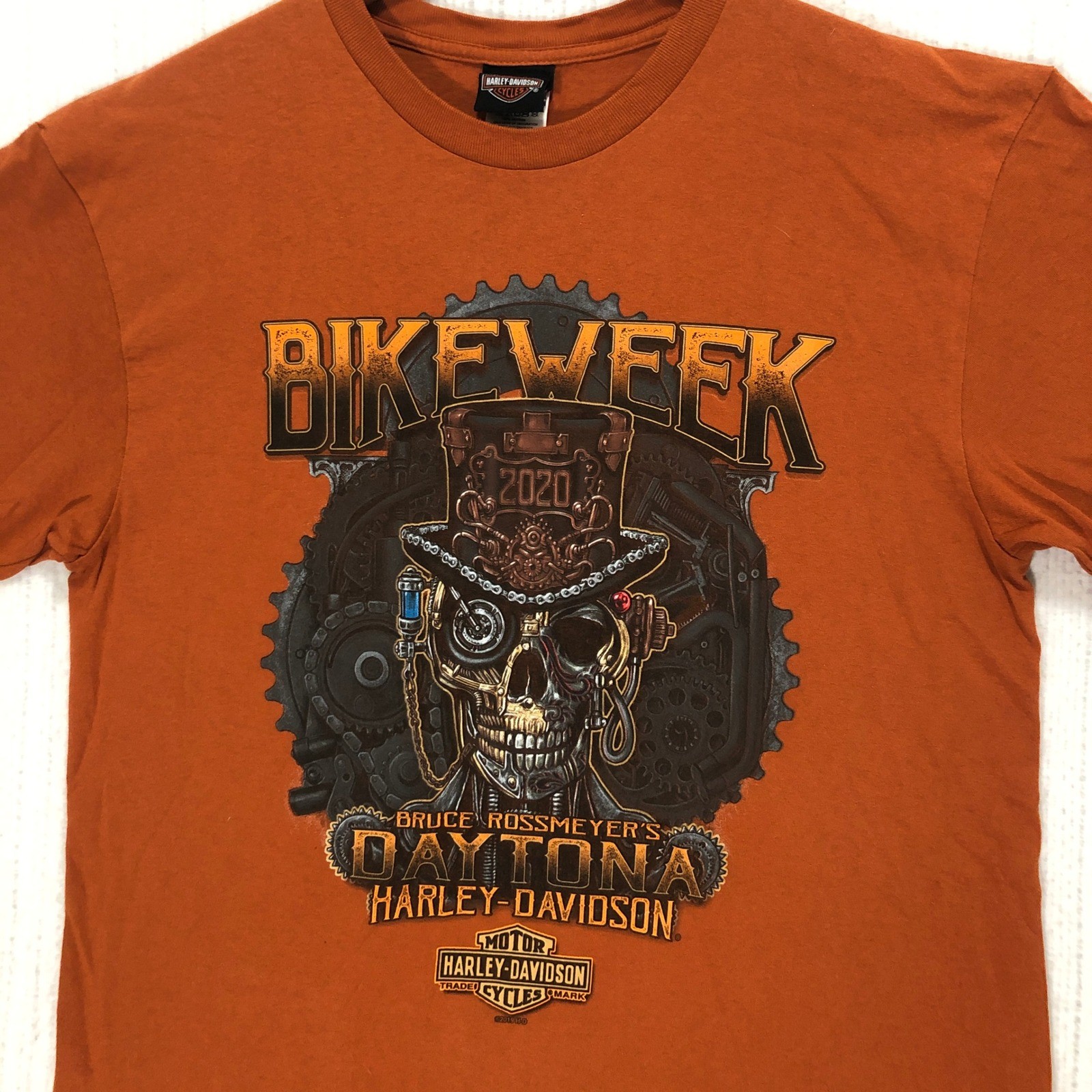 Harley Davidson Mens T Shirt Orange Bikeweek Daytona 2020 Skull Graphic Size L