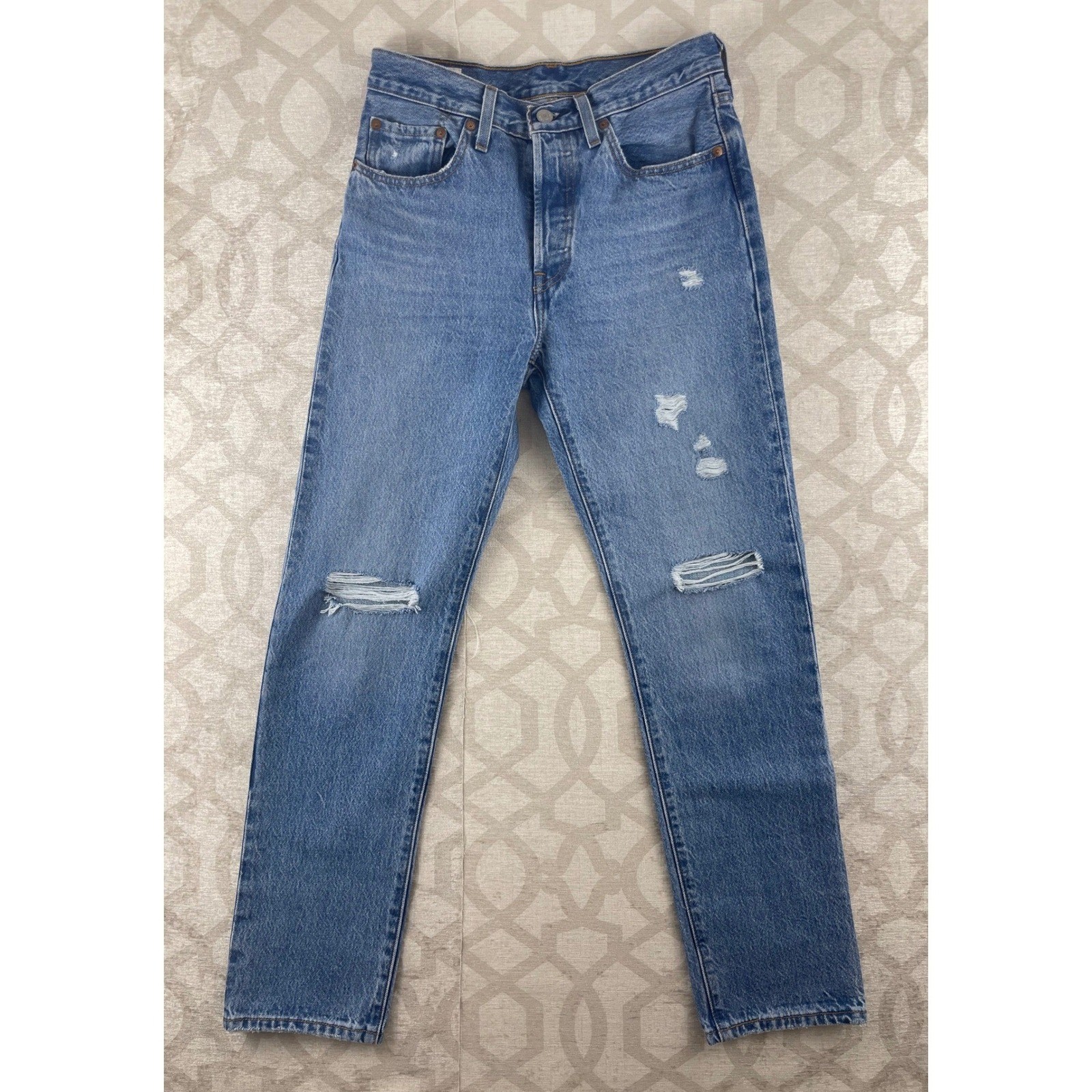 Levi’s 501 Original Women 26×30 Blue Button Fly Distressed Straight Jeans Cotton