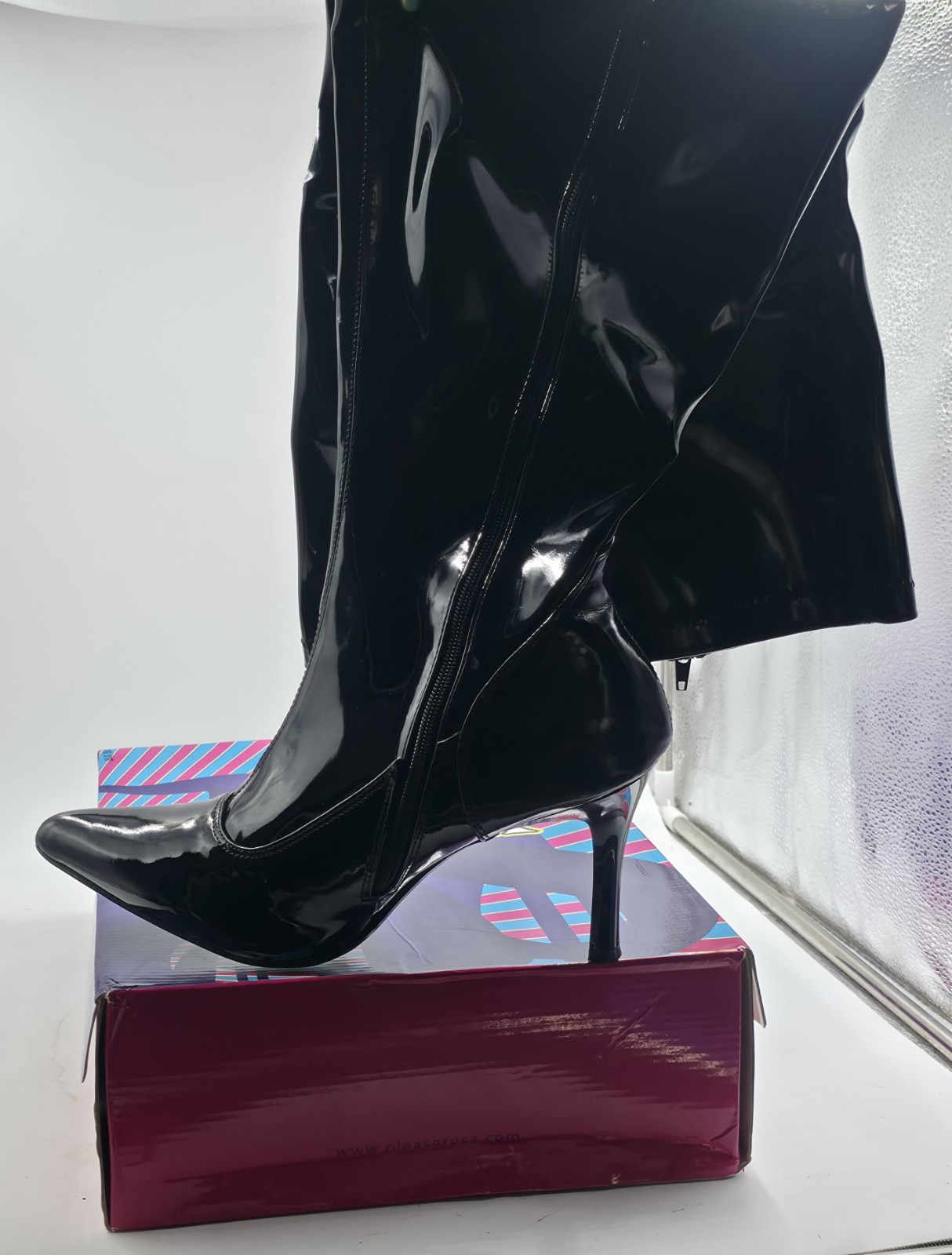 NEW LUST 3000 Black Patent Boots, Thigh High 4.5″ stiletto Heel, Size 12 NIB