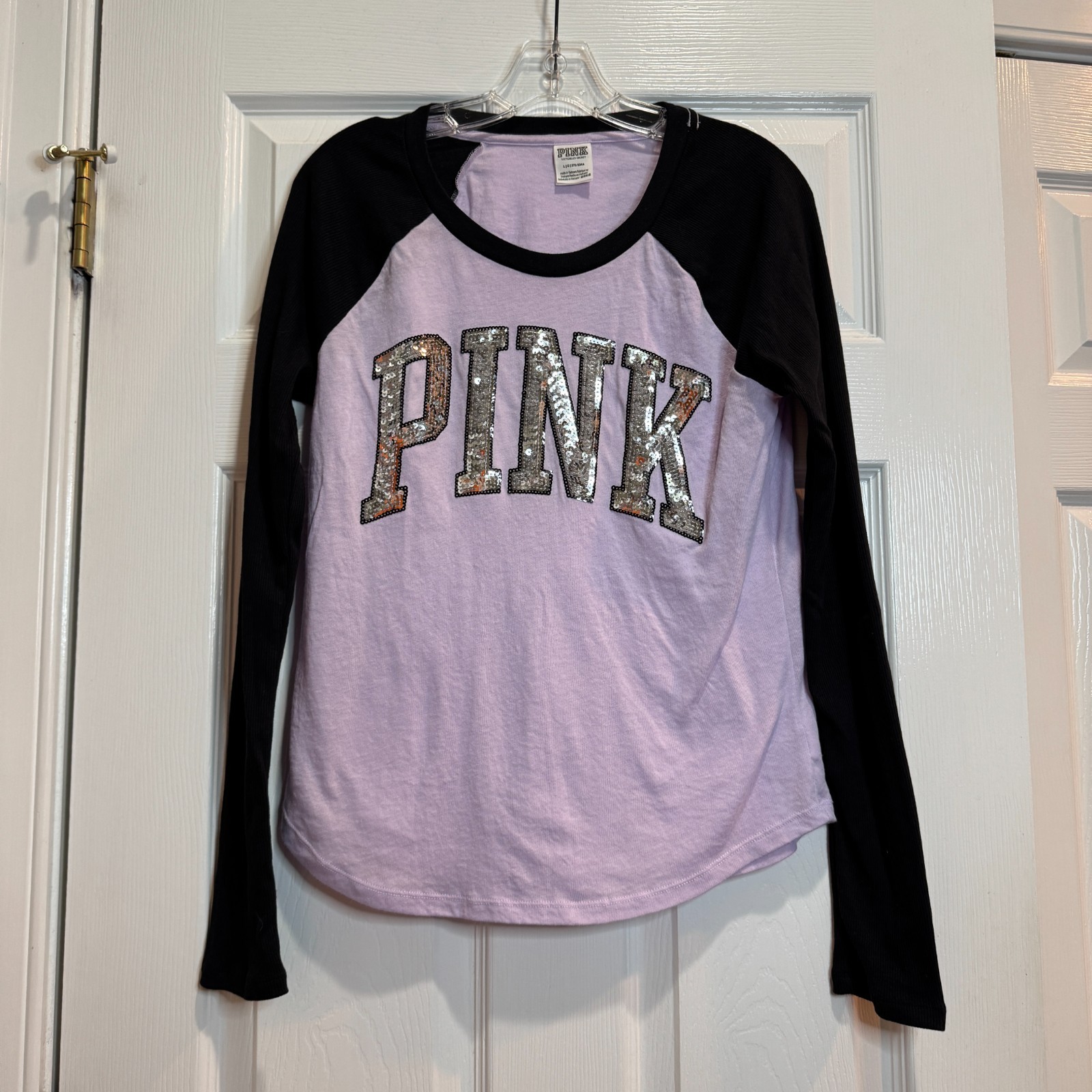 PINK Victoria’s Secret Campus Tee Bling Logo Lavender Black L/S Size Large