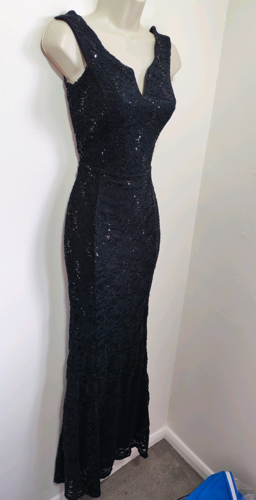 Quiz Black Sequin Lace Fishtail Long Maxi Dress 6 8 Prom Cruise Black Tie