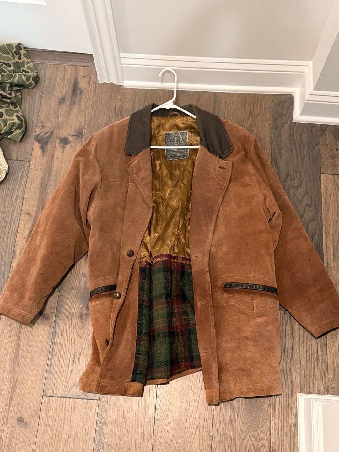 Slim John Vintage Brown Suede Leather Coat Jacket Plaid Quilted Lining