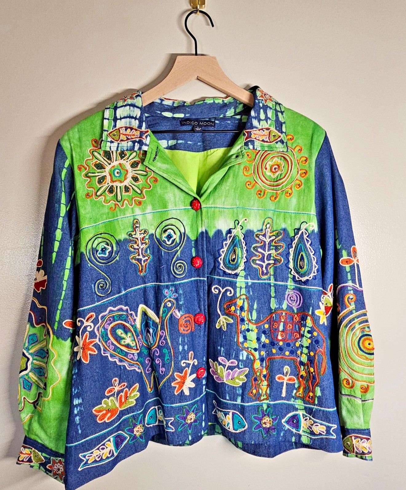 Indigo Moon Large Jacket Green Tie Dye Blue Denim Embroidered Beaded Boho Artsy