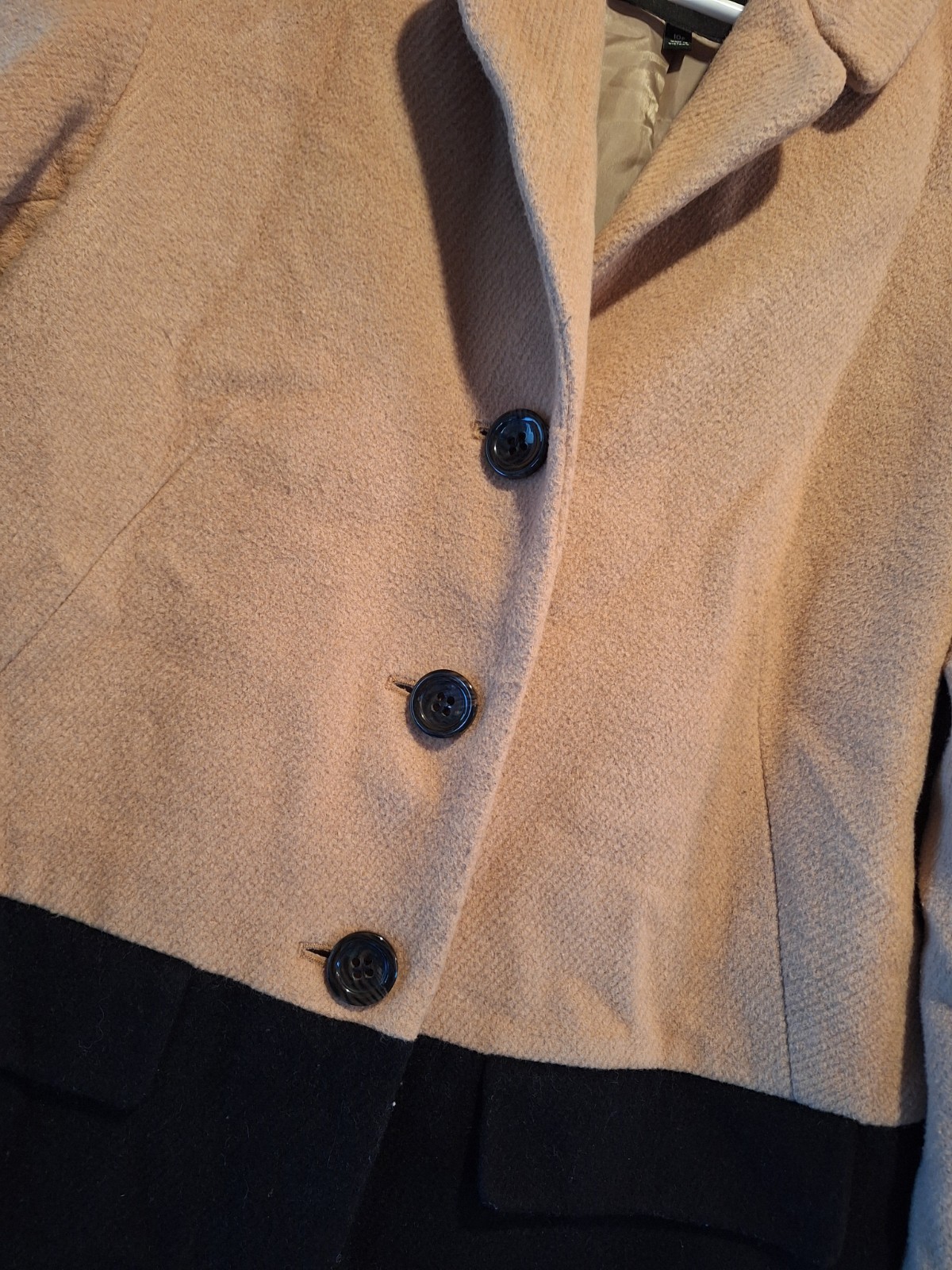 Talbots Two-Tone Wool Blend Colorblock Overcoat 10 Petite Black & Tan Buttons