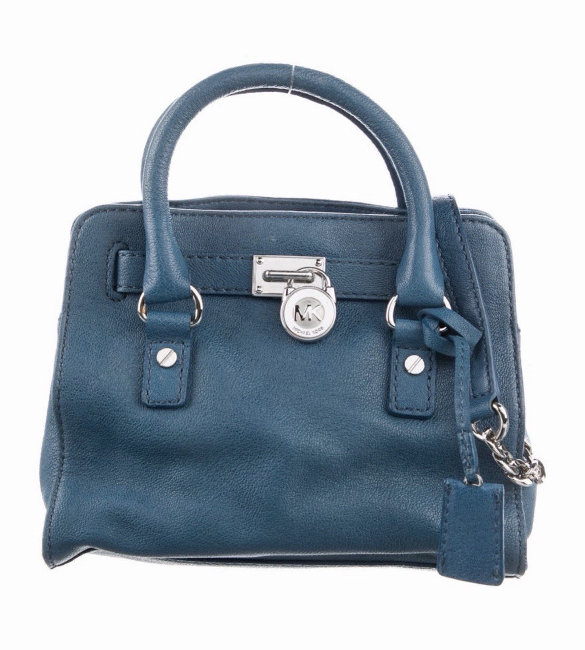 Michael Kors Blue Logo Satchel Top Handle Padlock Chain Strap Silver Hardware
