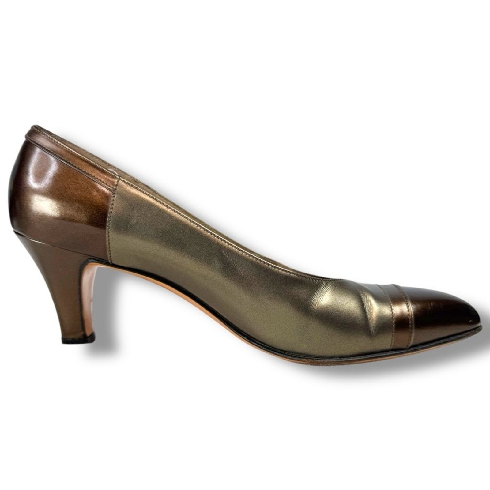 Salvatore Ferragamo Italian Leather Pumps Bronze Luxury Heels 6.5 AA Narrow