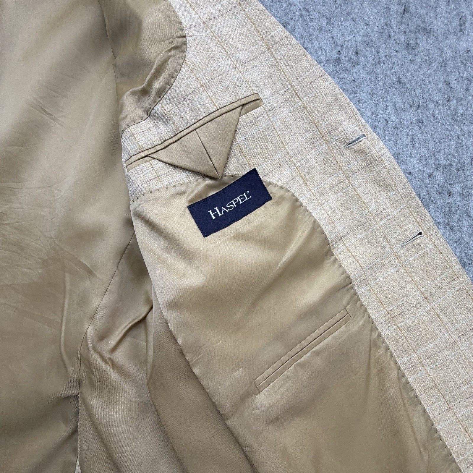 Haspel Blazer 42R Beige Windowpane Plaid 100% Linen 2-Button Sport Coat Jacket