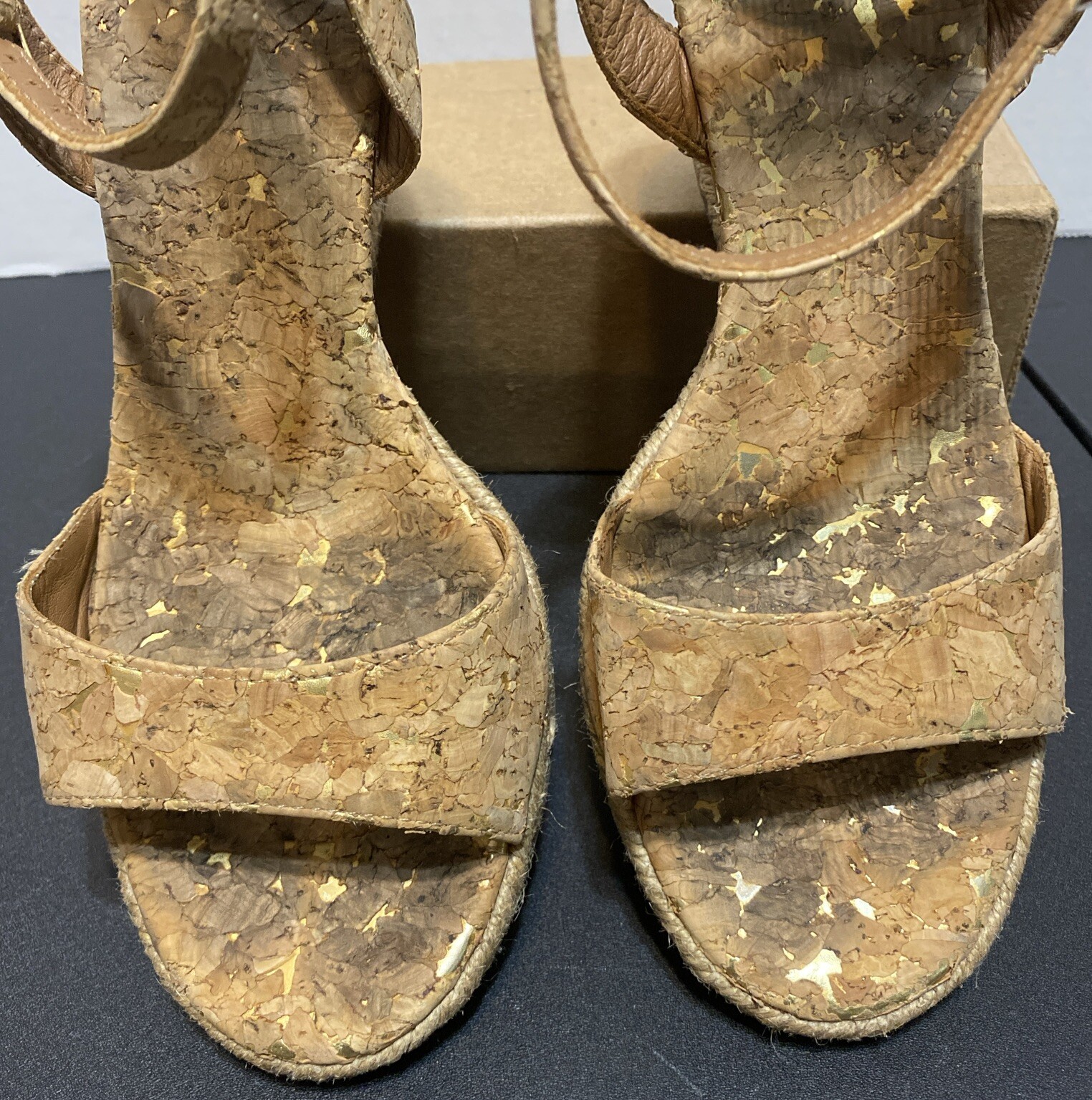TORY BURCH Quilted Cork W/Gold Espadrille Wedge MARION Sandals Ankle Wrap Sz 6 M