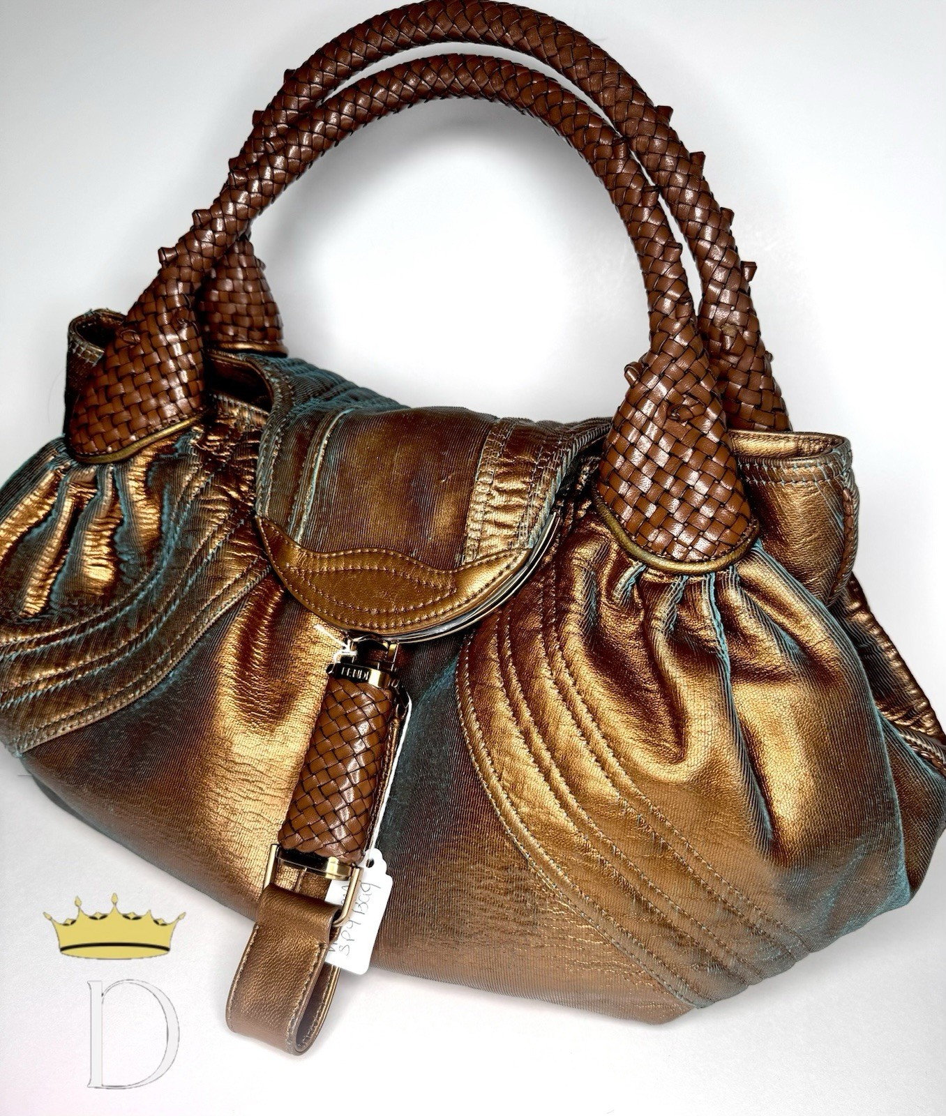 Fendi Metallic Bronze Leather Spy Bag – Braided Handles, & FF Logo Interior