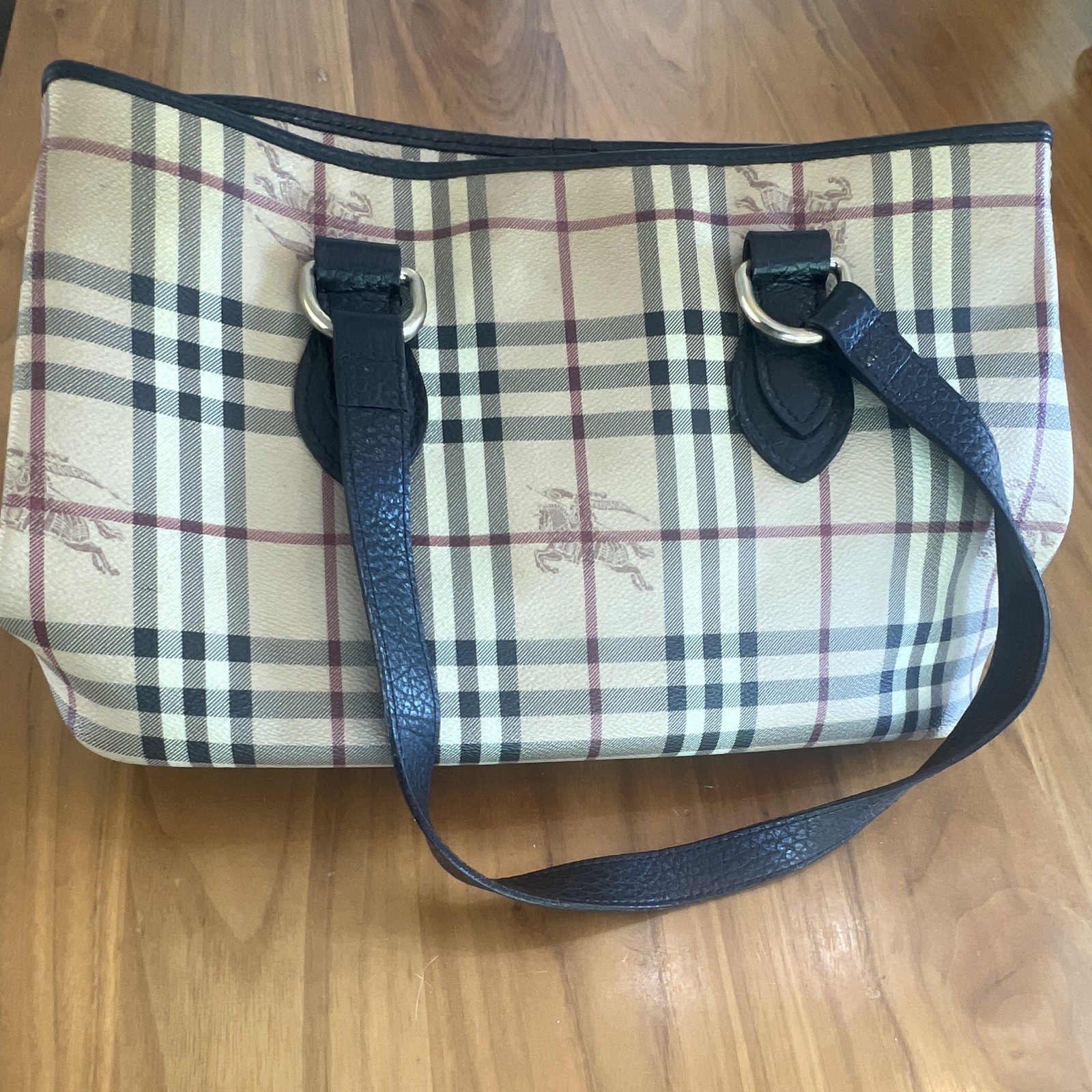 Burberry Beige Checkered Shoulder Bag Zip Top Black Straps Lined Pockets