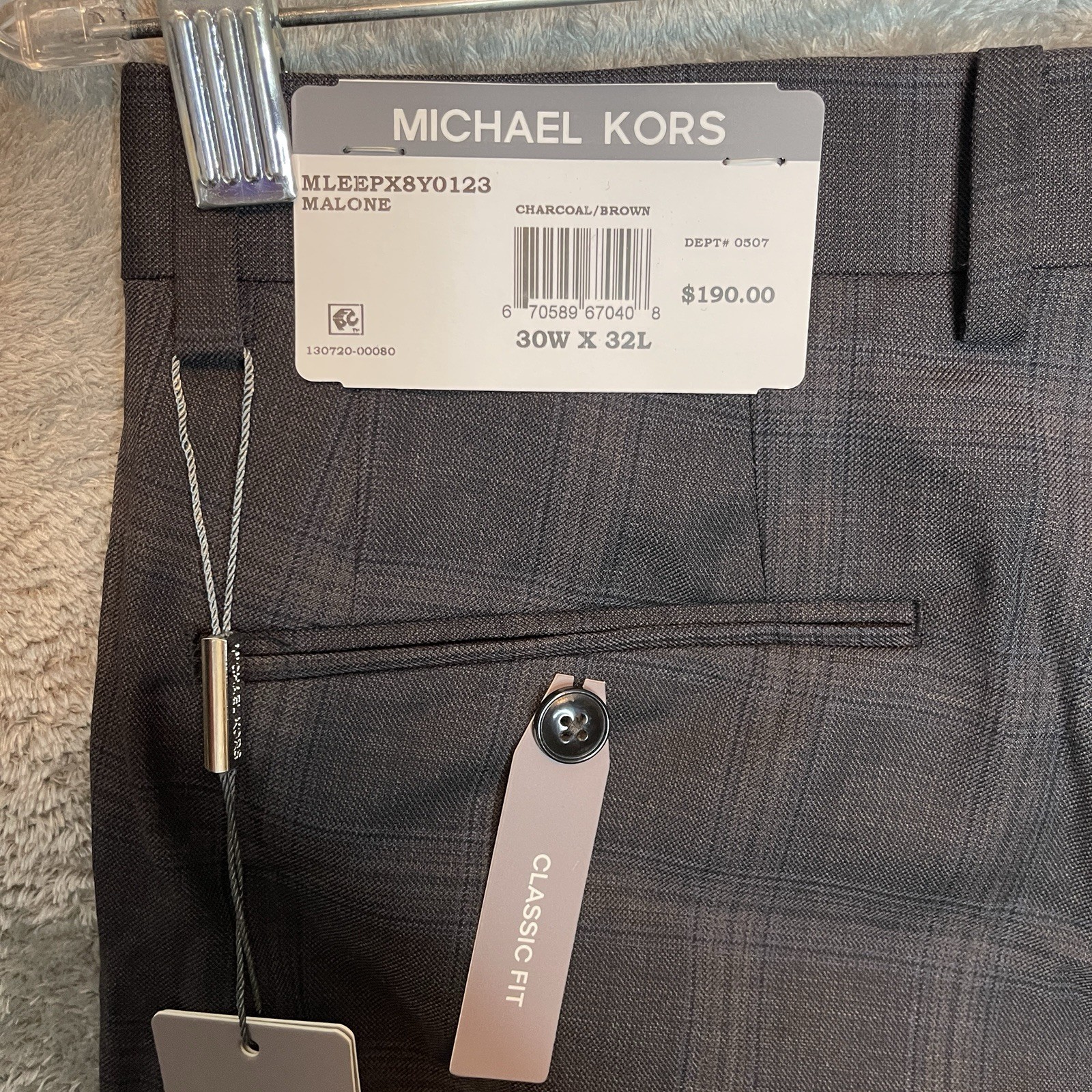 Michael Kors Mens Malone Classic Fit Plaid Wool Stretch Suit Pant Charcoal Brown