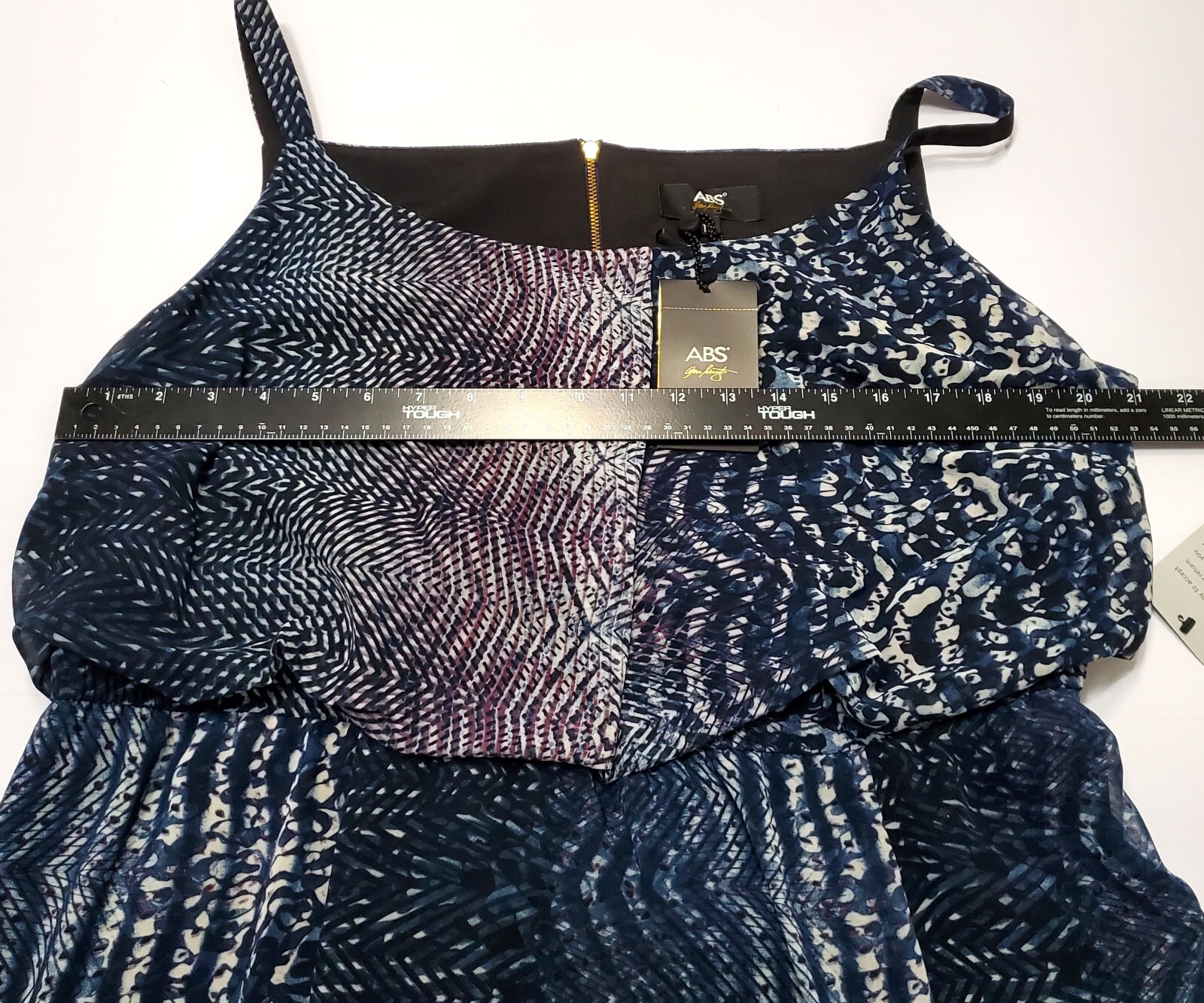 ABS Allen Schwartz Chic Resort Maxi Dress 16 Blue Geometric Sheer Overlay $328