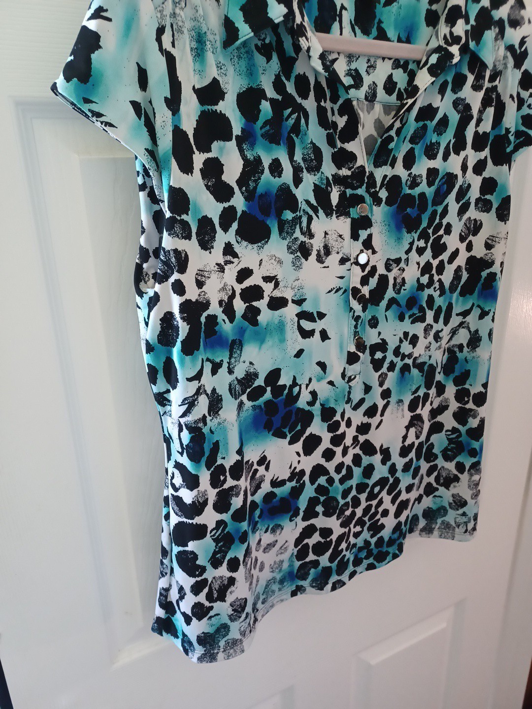Alfani Blouse XL Blue Black Geometric Abstract Print Cap Sleeve