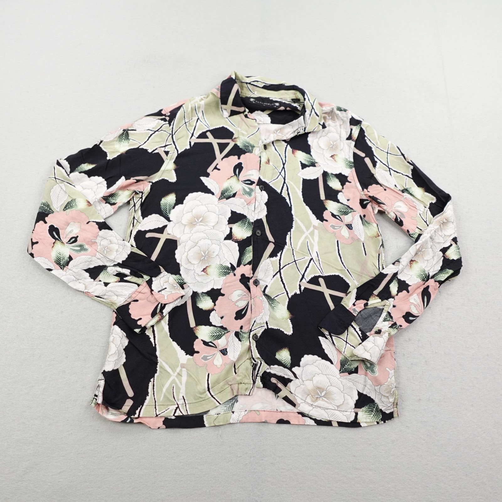 AllSaints Shirt Mens Medium Black Green Floral Fuyugi Hawaiian Button Up Camp