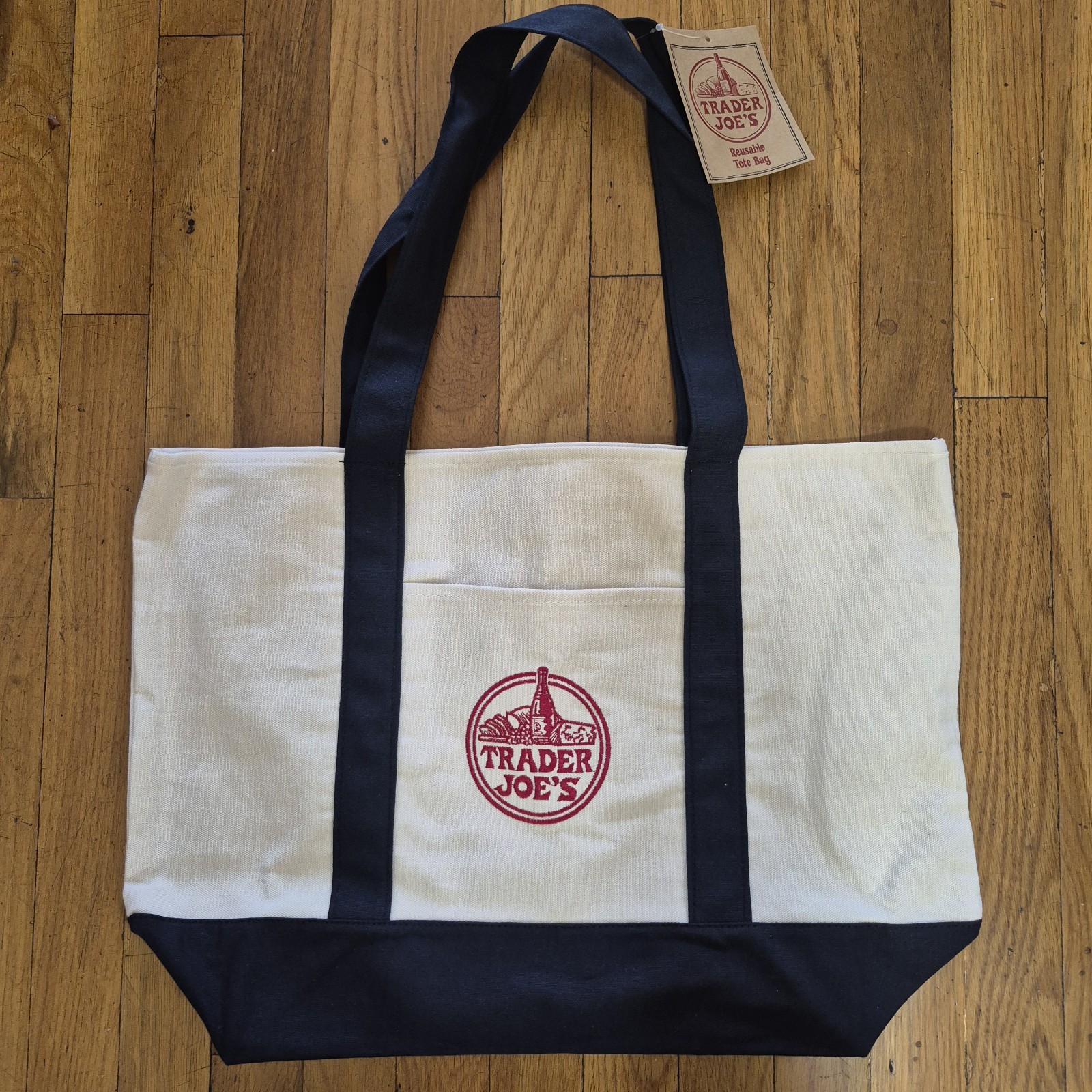 Trader Joe’s Reusable Tote Bag Blue Strap Over White Heavy Duty 20.75″ x 14.75″