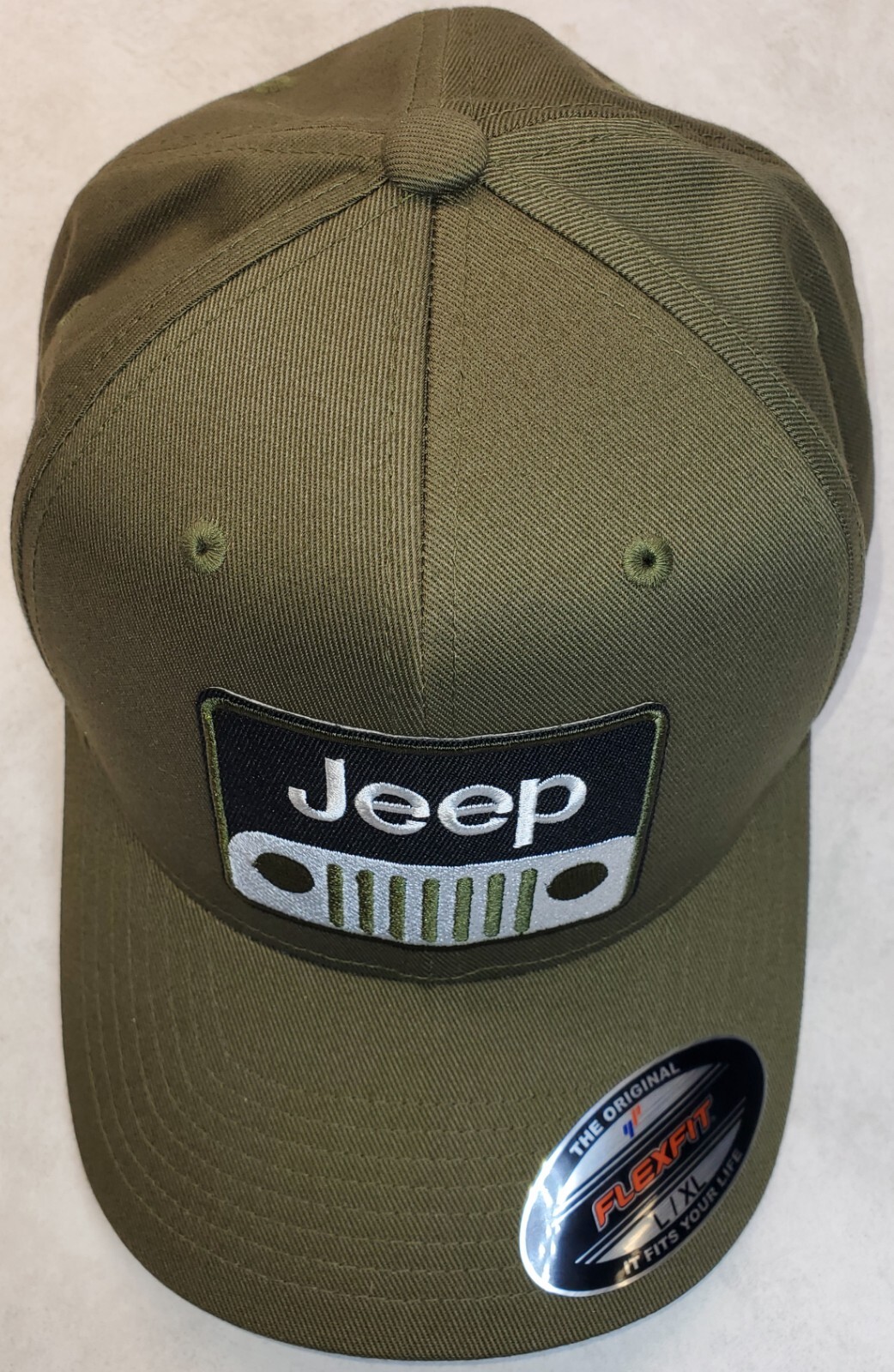 JEEP Patch on Flexfit 6277 Hat / Olive Green – L/XL 7 1/8″ – 7 5/8″