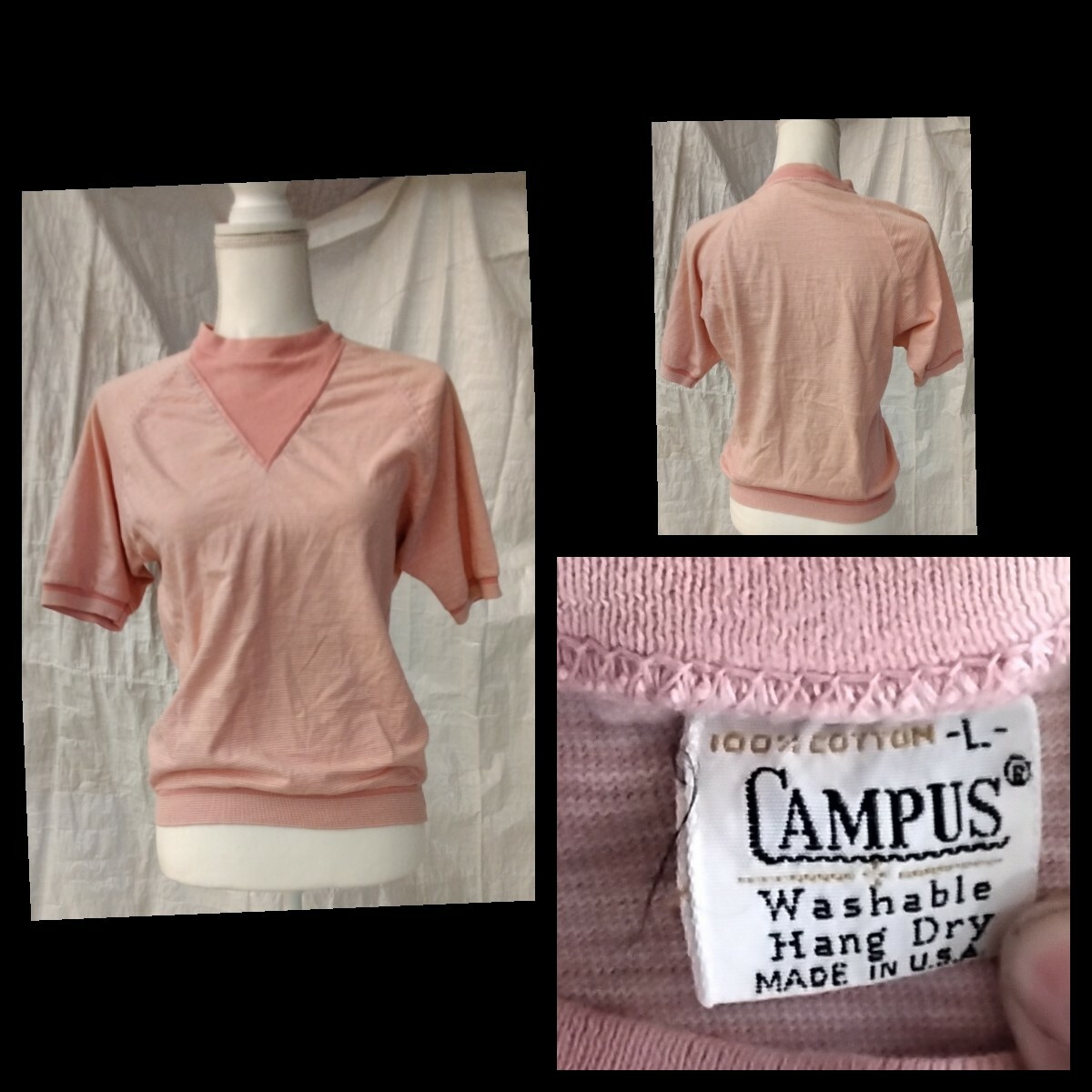 Campus Pink Stripe Deep V Shirt Vintage 1950s Womens Small Great Shape INV#Z3363