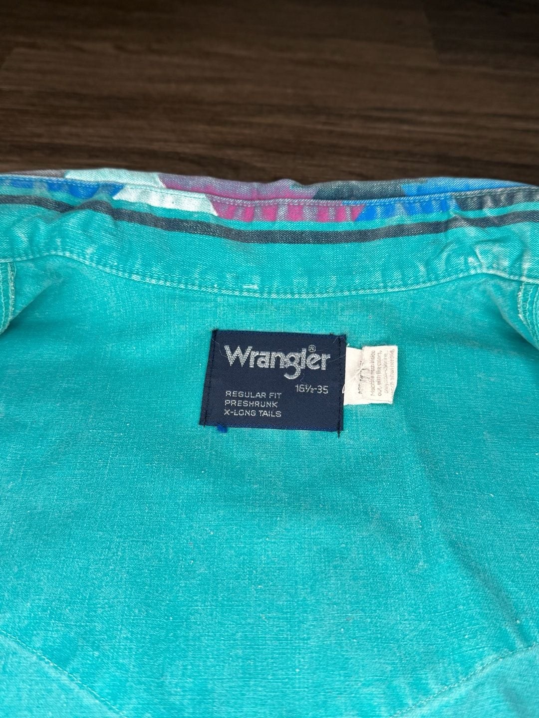 Vintage Wrangler Brushpopper Western Shirt Aztec Geometric Print Teal LongSleeve