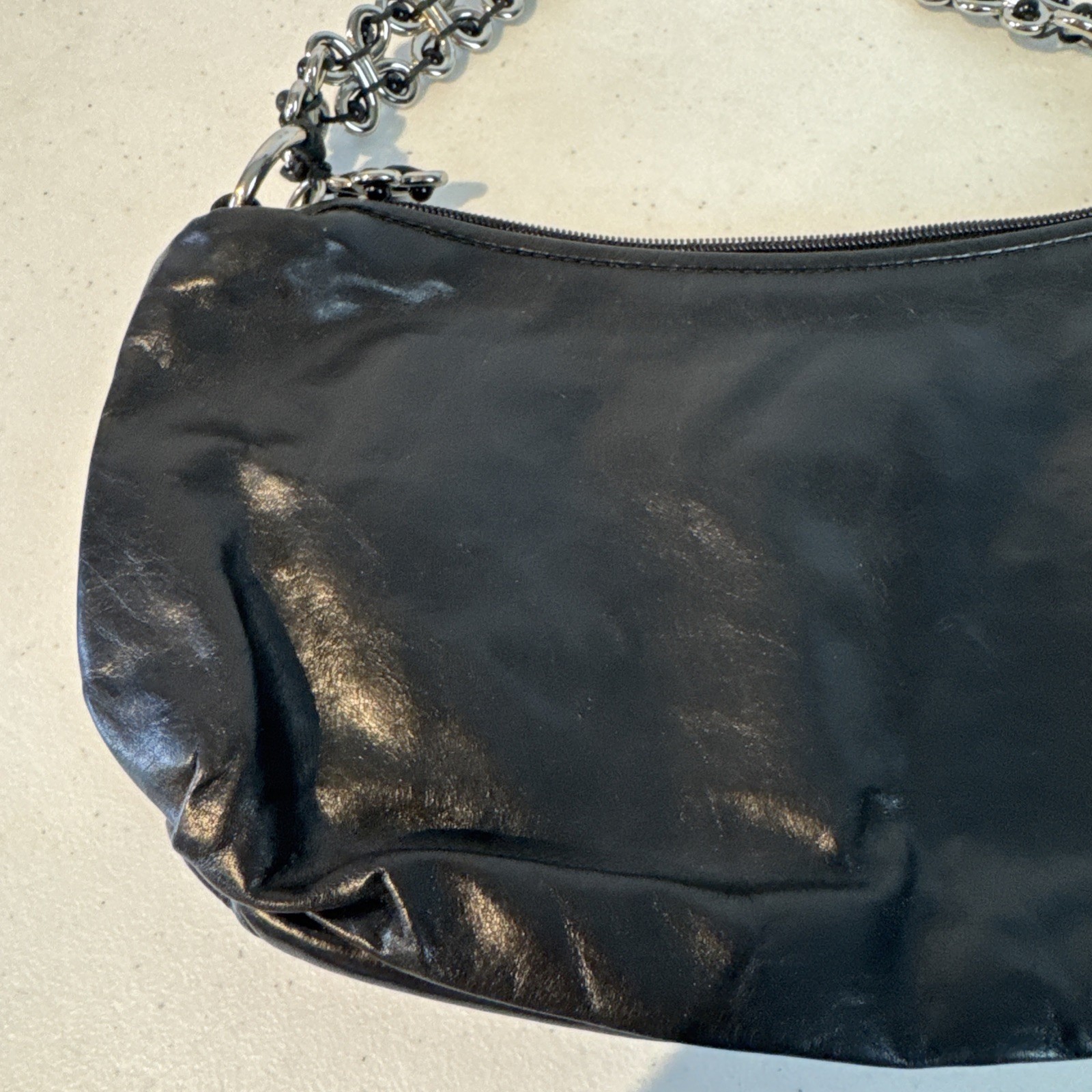Elliott Lucca Black Leather Hobo Handbag Silver Tone Chain Strap Zipper