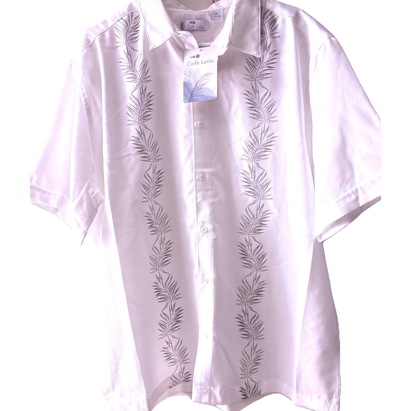 *NWT*Cafe Luna Mens XL White Palm Leaf Embroidered Button Down Shirt